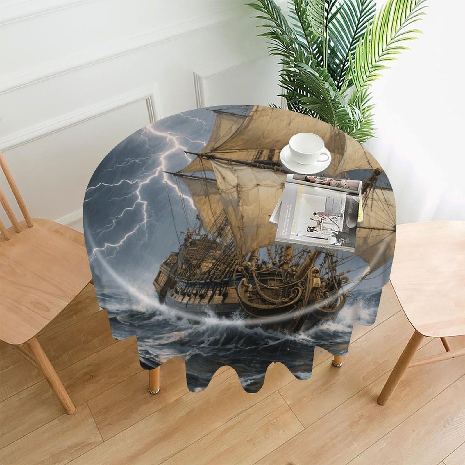 FekiLoot Ancient Sailing Ship in Storm Round Tablecloth Cover 60 Inch Wrinkle Free Washable Polyester Fabric Table Cover Decorative Round Table Cloth for Home Dining Kitchen Party Farmhouse