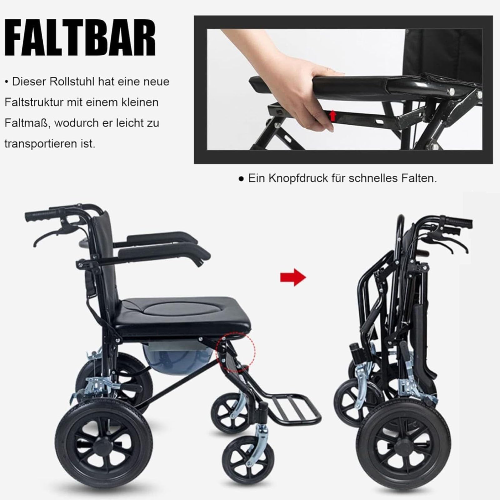 Silla de Ruedas Plegable Ligera, Silla de Ruedas Compacta para Viaje con Frenos Silla de Inodoro Impermeable con Ruedas Silla de Ruedas Extra Estrecha para Casa Viaje Plegable