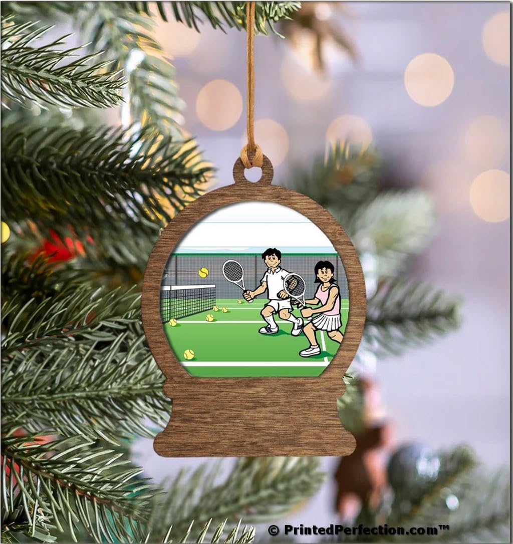 PrintedPerfection.com Personalized Tennis Couple Wooden Snow Globe Shaped Christmas Ornament