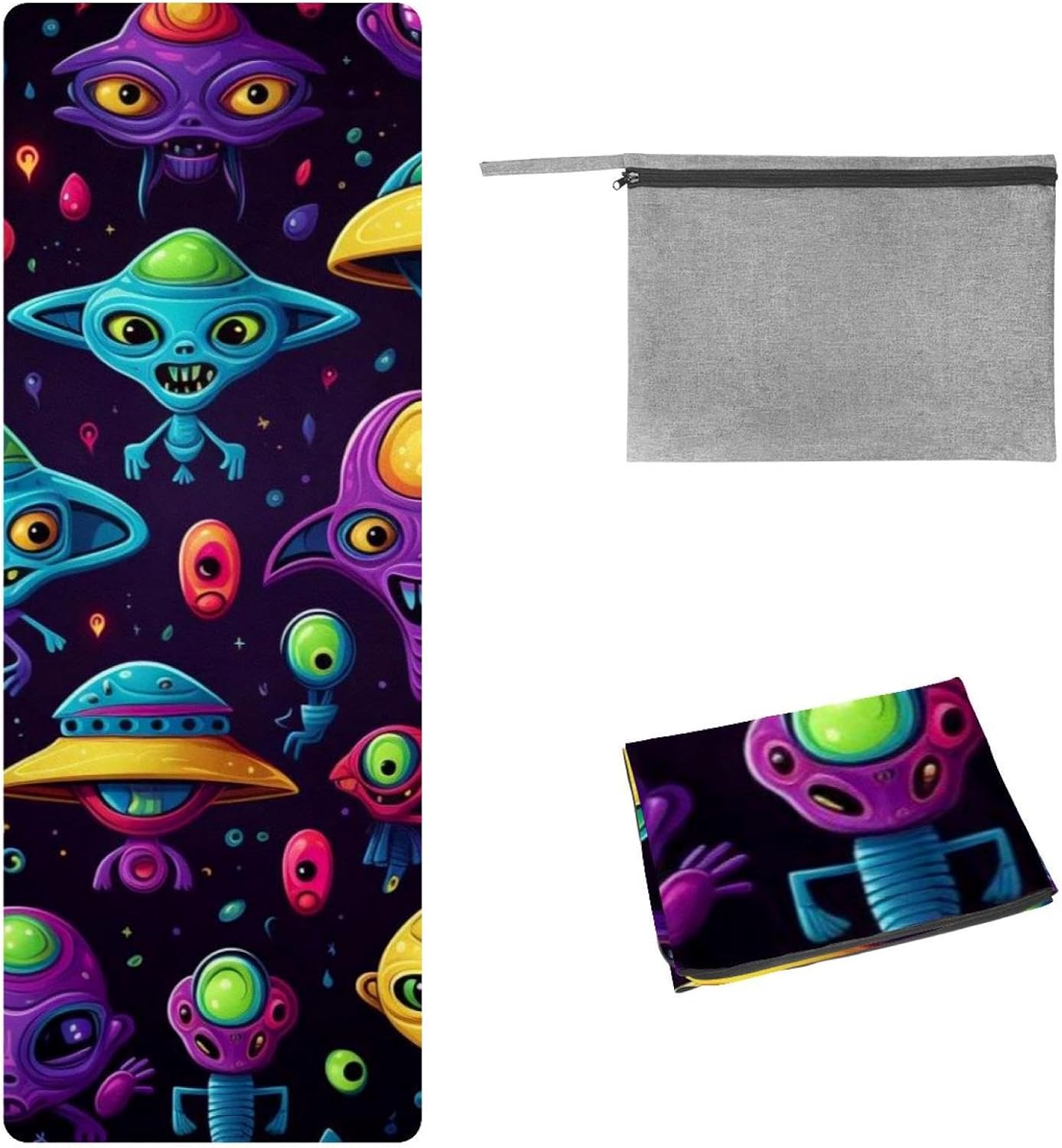Yoga Towel, Outer Space Alien Pattern Non Slip Sweat Absorbent Hot Yoga Mat Towel for Hot Yoga, Pilates and Fitness - 72.8" x 26.8"