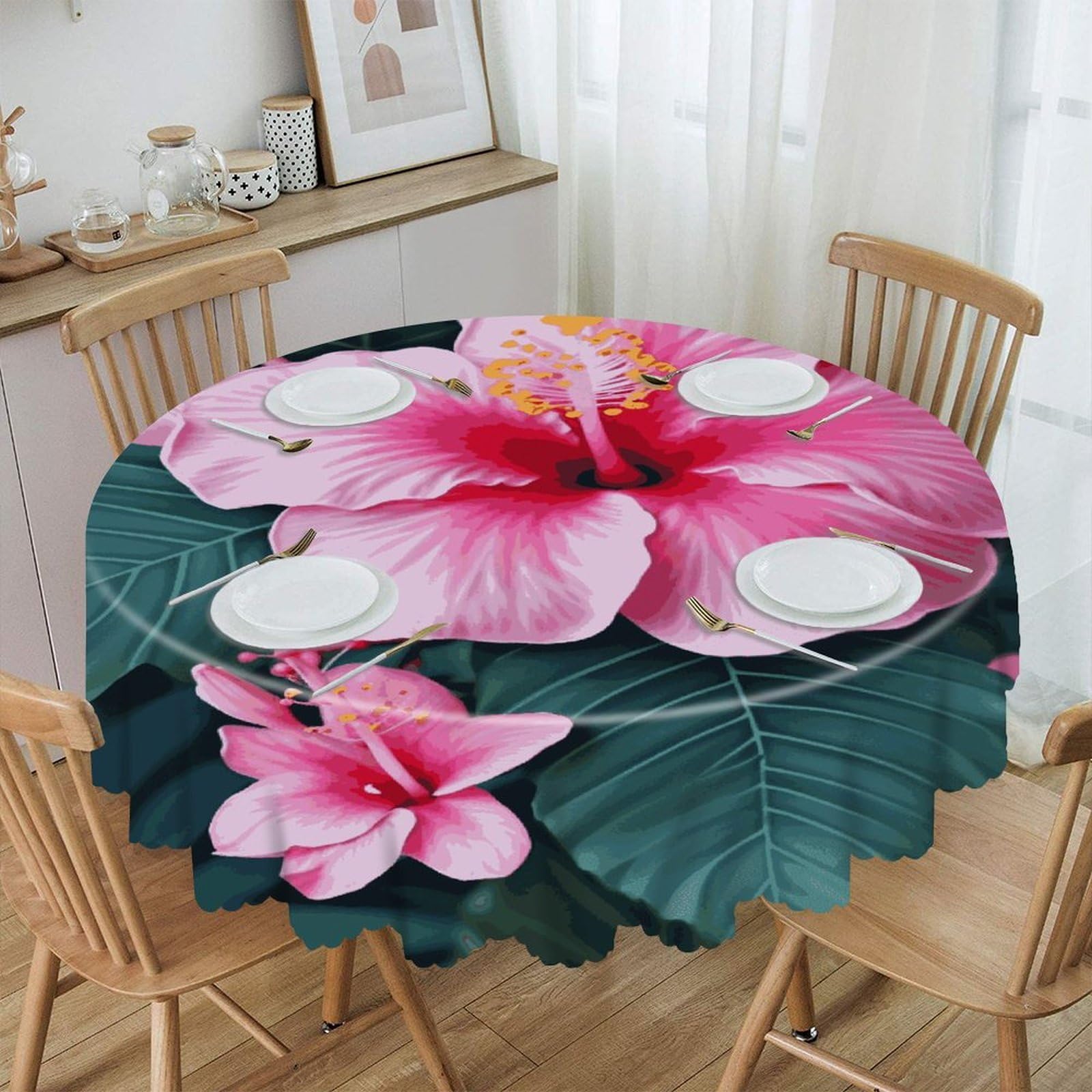 Btcowzrv Style Hawaii Pink Flower Polyester Round Tablecloth 59.84 Inch, Decorative Washable Table Cover, Table Cloth For Restaurant Picnic Indoor And Outdoor Dining
