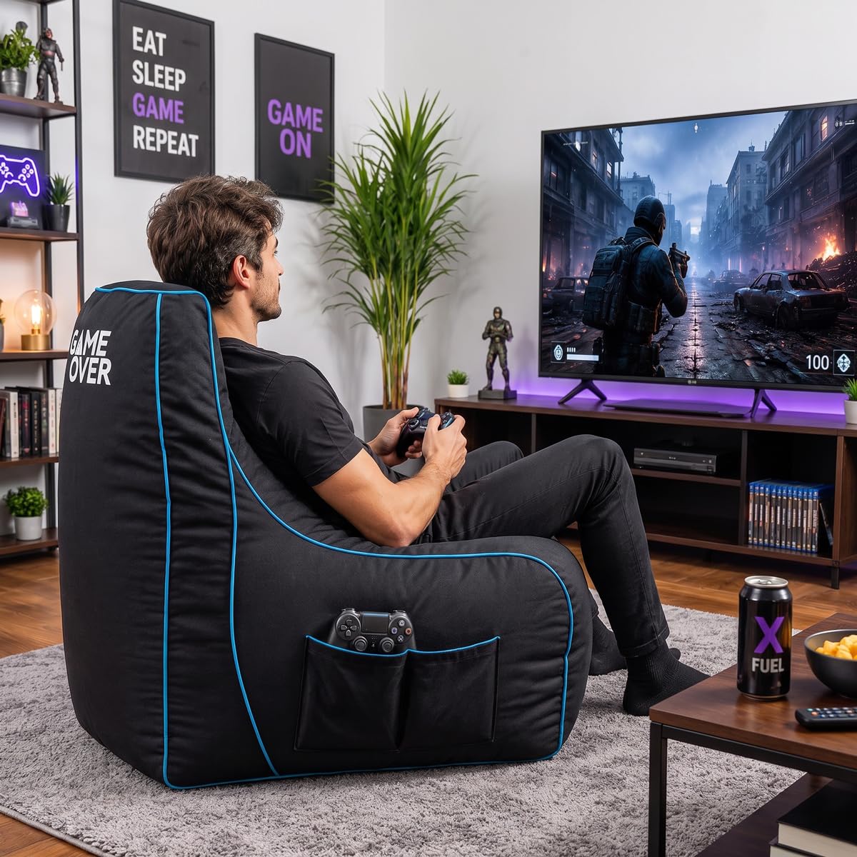 Game Over Poltrona Video Gaming Bean Bag | Puff Poltrona Sacco | per Soggiorni E Interni | Tasche Laterali per I Controller | Supporto per Cuffie | Design Ergonomico (Lich Blade)