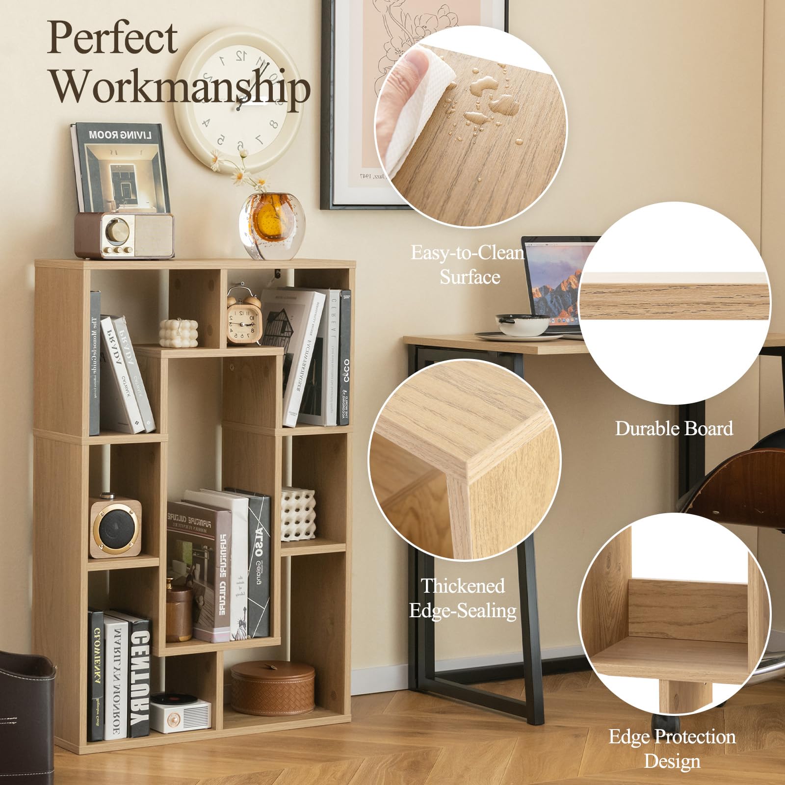 HOMASIS Bibliothèque en Bois à 7 Compartiments, Meuble de Rangement avec Protection Anti-Retournement, Étagère d'angle Séparatrice de Pièces pour Salon, Bureau, Chambre, 60 x 20 x 90 cm (Naturel)