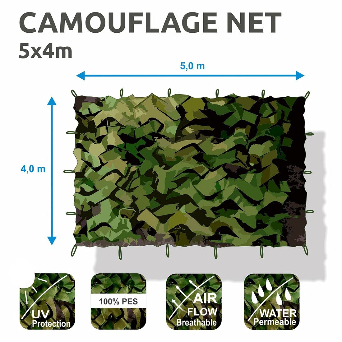 your GEAR Tarnnetz 4x5m Camouflage - Militär Ausrüstung - Outdoor Sichtschutz – Robustes Sonnenschutznetz für Jagd Bundeswehr Ausrüstung Camping Dekoration Garten