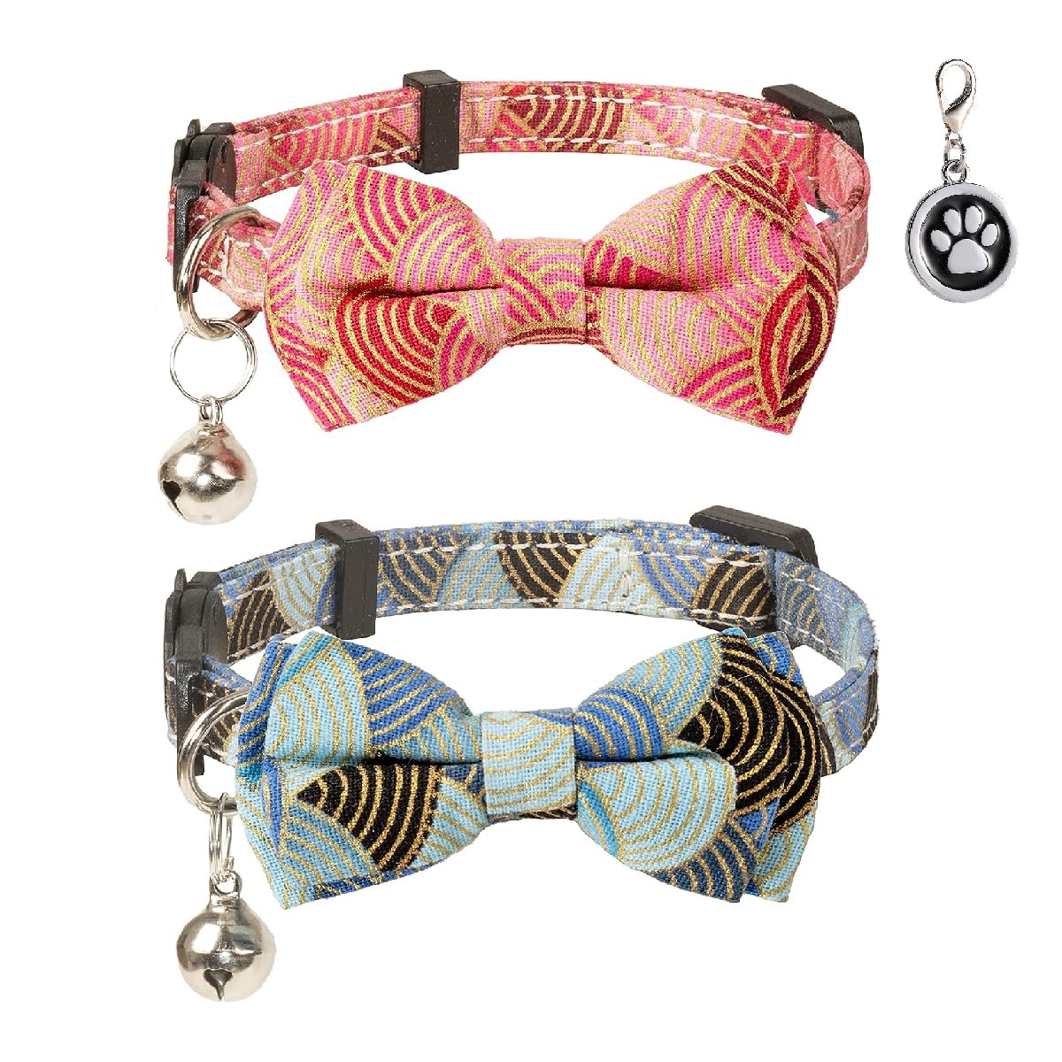 猫 首輪 ネコ 猫用 首輪 子犬 迷子札付き リボン付き 鈴付き セーフティバックル 可愛い 調整可能 軽量 ペット首輪 2個セット (和服ブルー&ピンク)