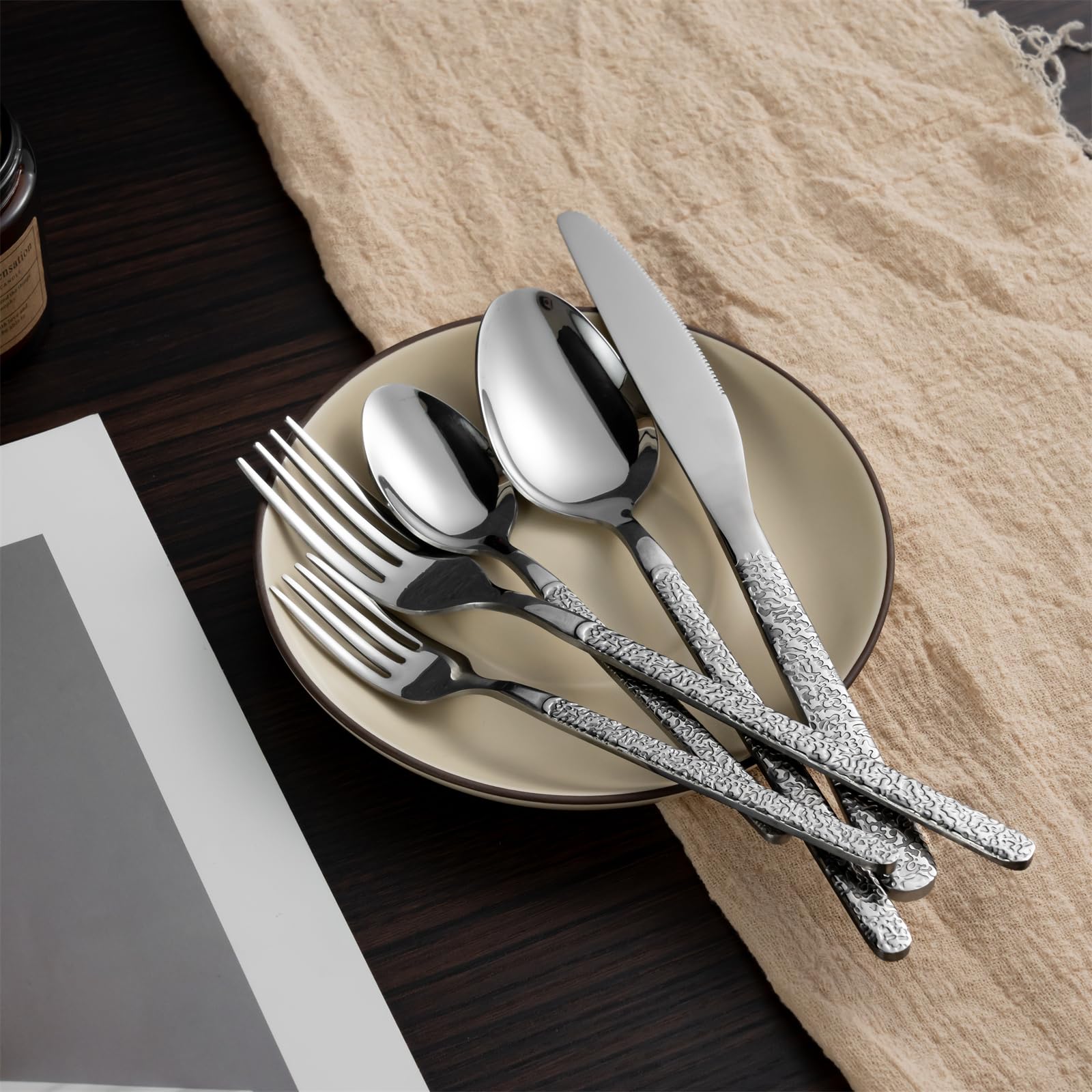 Set di posate per 12 persone 60 pezzi, in acciaio inox con cucchiaio forchetta e coltello, Disegno retrò intaglio, Lavastoviglie