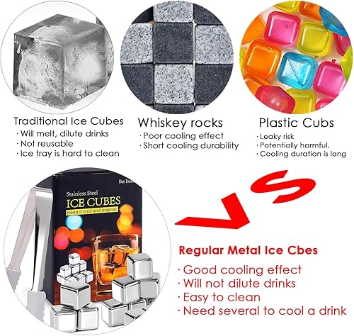 Miniatura 3 de Das TooKii Juego de regalo de piedras de whisky, 12 cubos de hielo de acero inoxidable reutilizables, rocas de whisky refrescantes, cubos de hielo