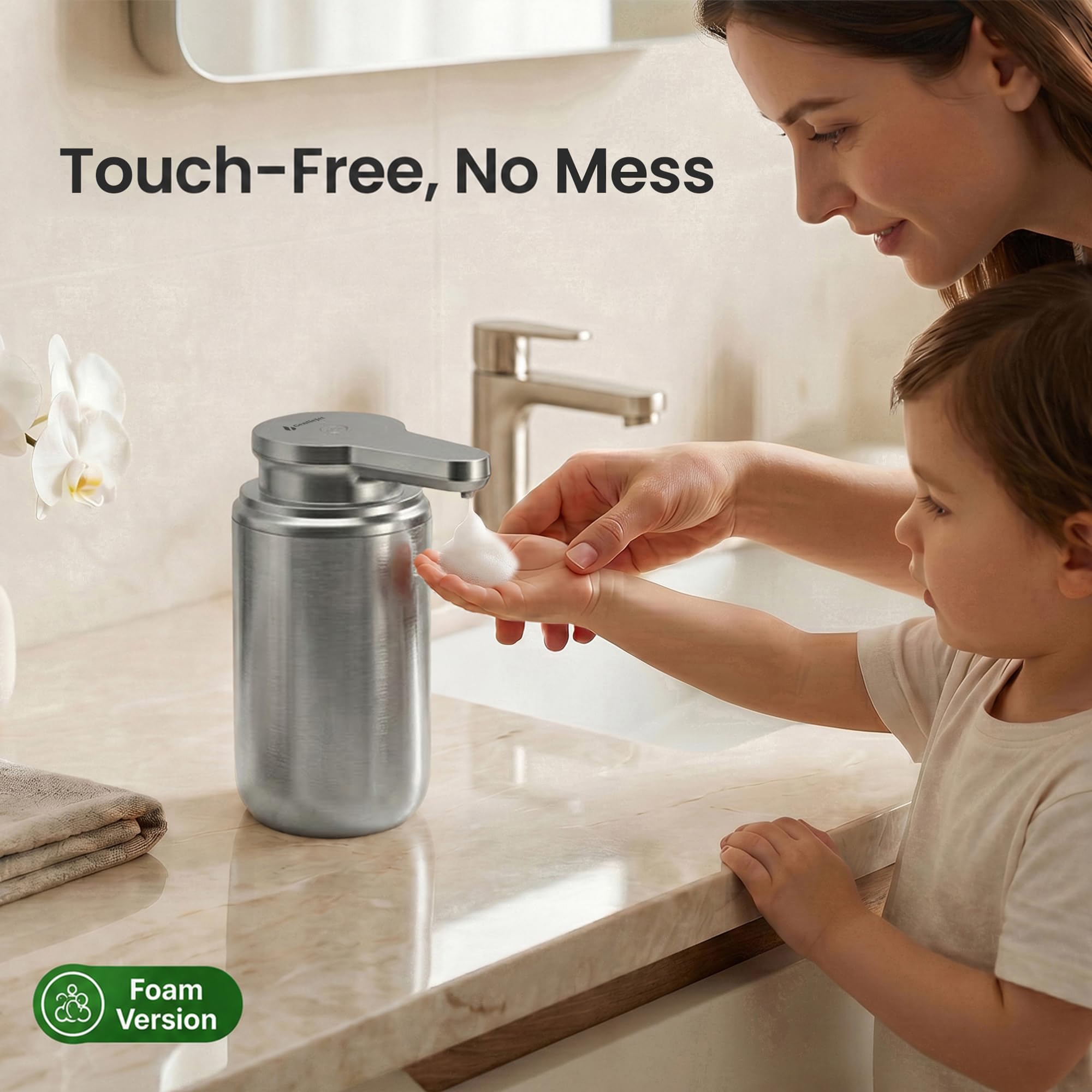 GentleJet SimpleFoam, dispenser automatico di sapone in schiuma, ricaricabile, senza contatto, per bagno o cucina, doppi livelli di schiuma, modalità di pulizia automatica (acciaio spazzolato, 350 ml)