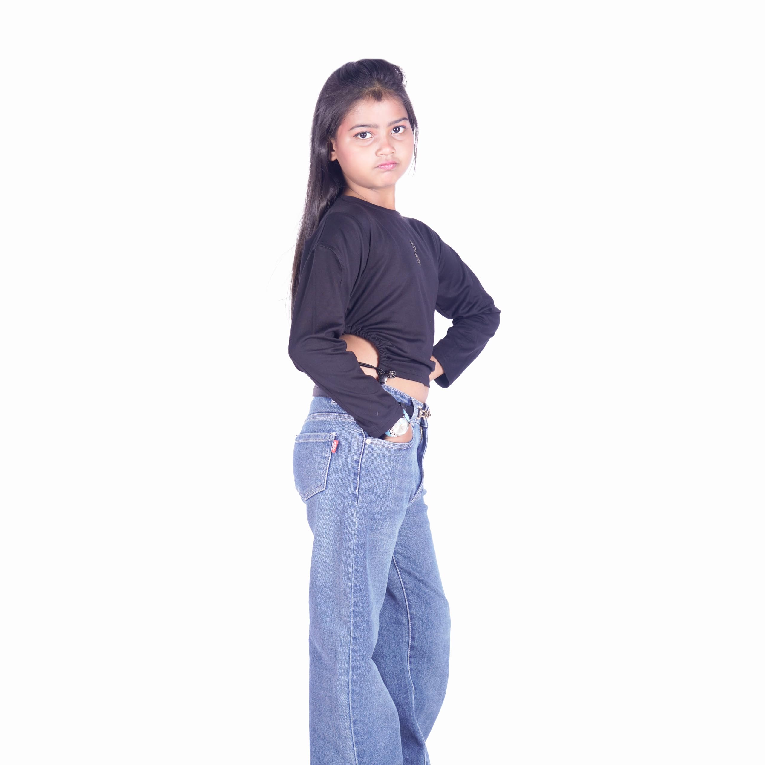AURA STITCH Girls Stylish Full Sleeve Trendy Crop Top | Soft Comfortable Casual Wear Top for Kids & Teens | Party & Daily Wear Fashion Top Black 1