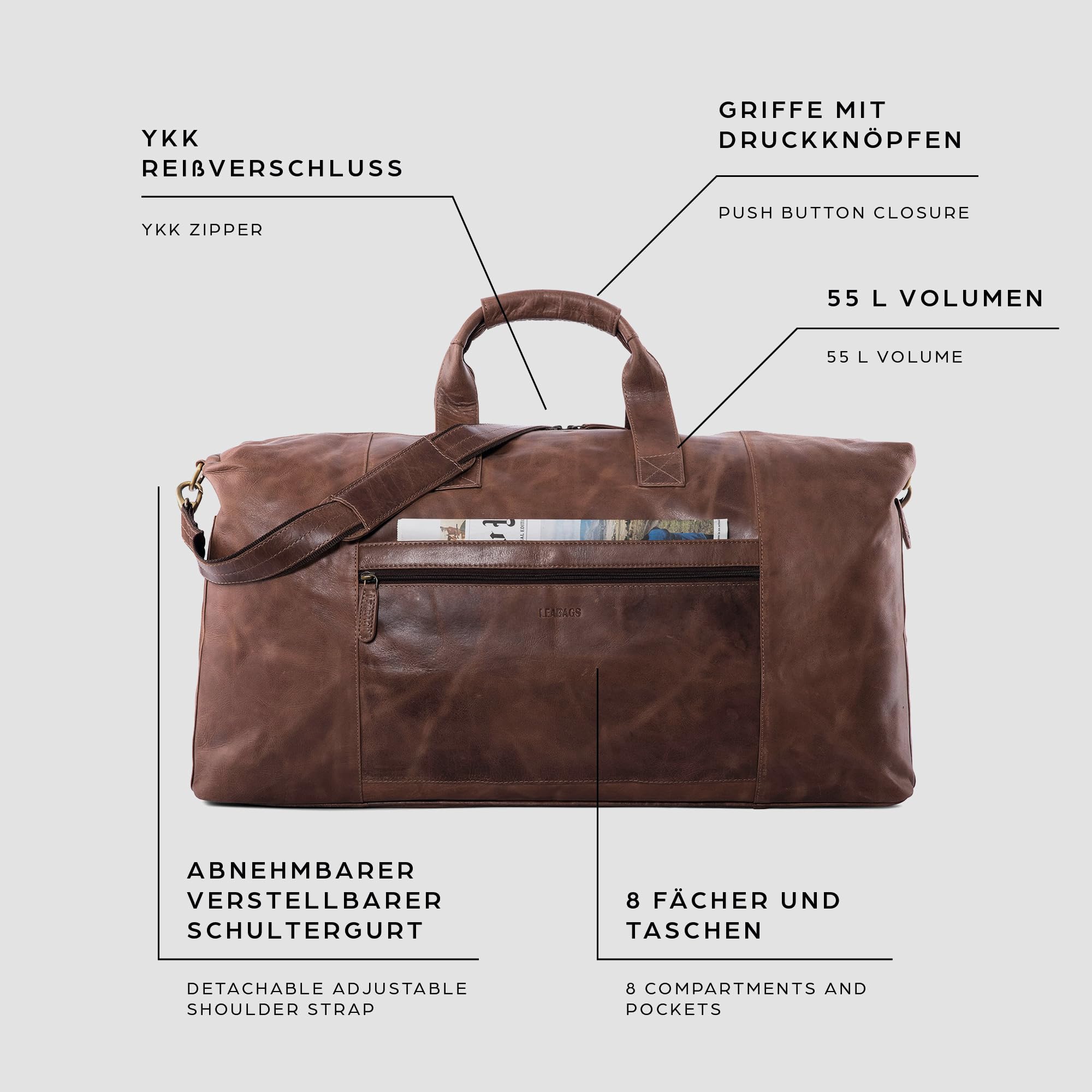 LEABAGS Leder Weekender Damen & Herren I Echtleder Premium Reisetasche I 55 l Sporttasche I Duffle Travel Gym Bag I Sporttasche I Trainingstasche I Tasche Flugzeug I groß