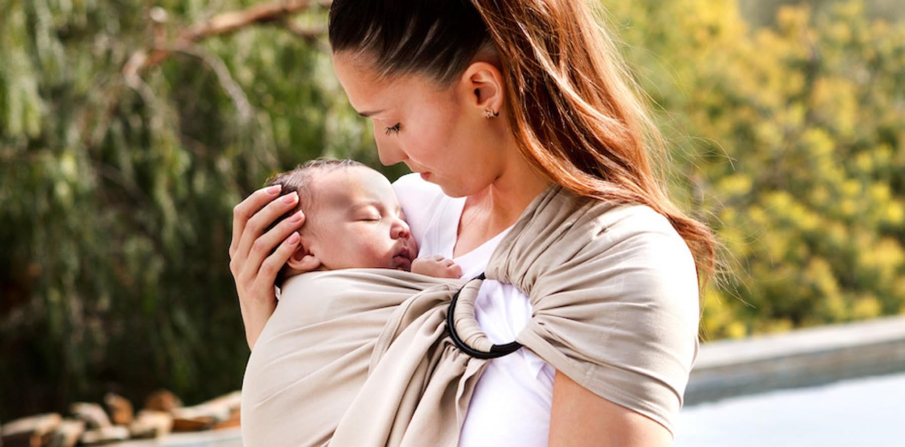 Sling Écharpe Tissée Sans Nœud - Or Blanc - Porte-Bébé Physiologique - Viscose - De la Naissance à 14kg - Taille Unique