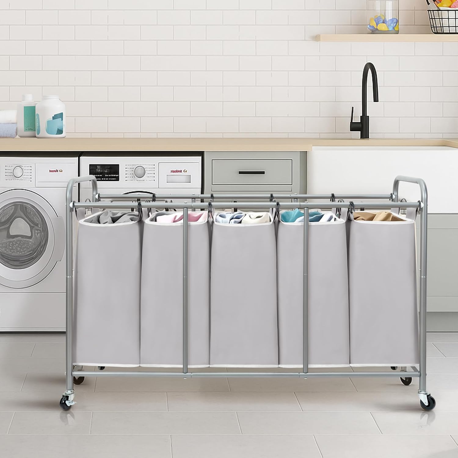 STORAGE MANIAC 5 Section Laundry Sorter, 5 Bins Rolling Separator Laundry Basket, Dirty Clothes Hamper Divider with Heavy Duty Rolling Lockable Wheels, Large Clothes Organizer Cart, Gray