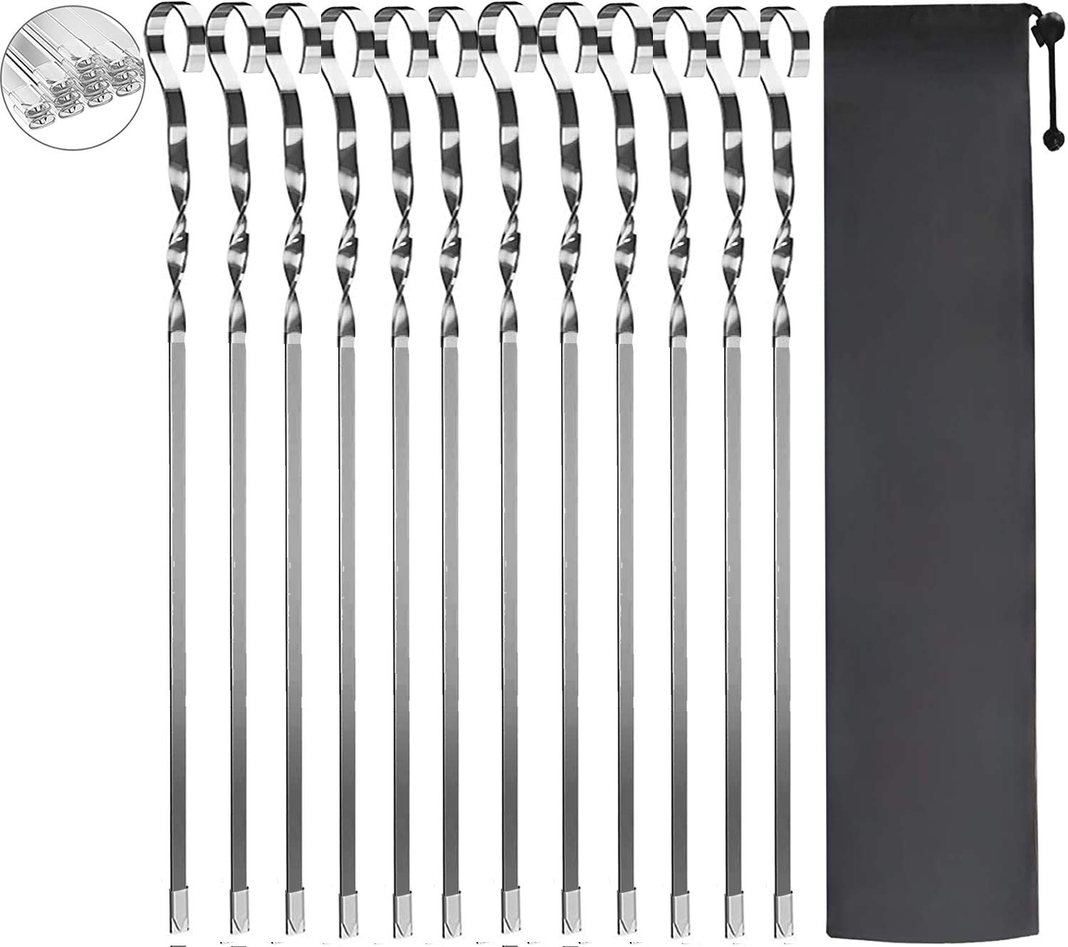 Unves Skewers for Grilling - 12 Pack 14" Flat BBQ Skewers Kabob Metal Skewers, Stainless Steel Shish Kebob Sticks for Meat Shrimp Chicken Vegetable with 12 Silicone Sleeves