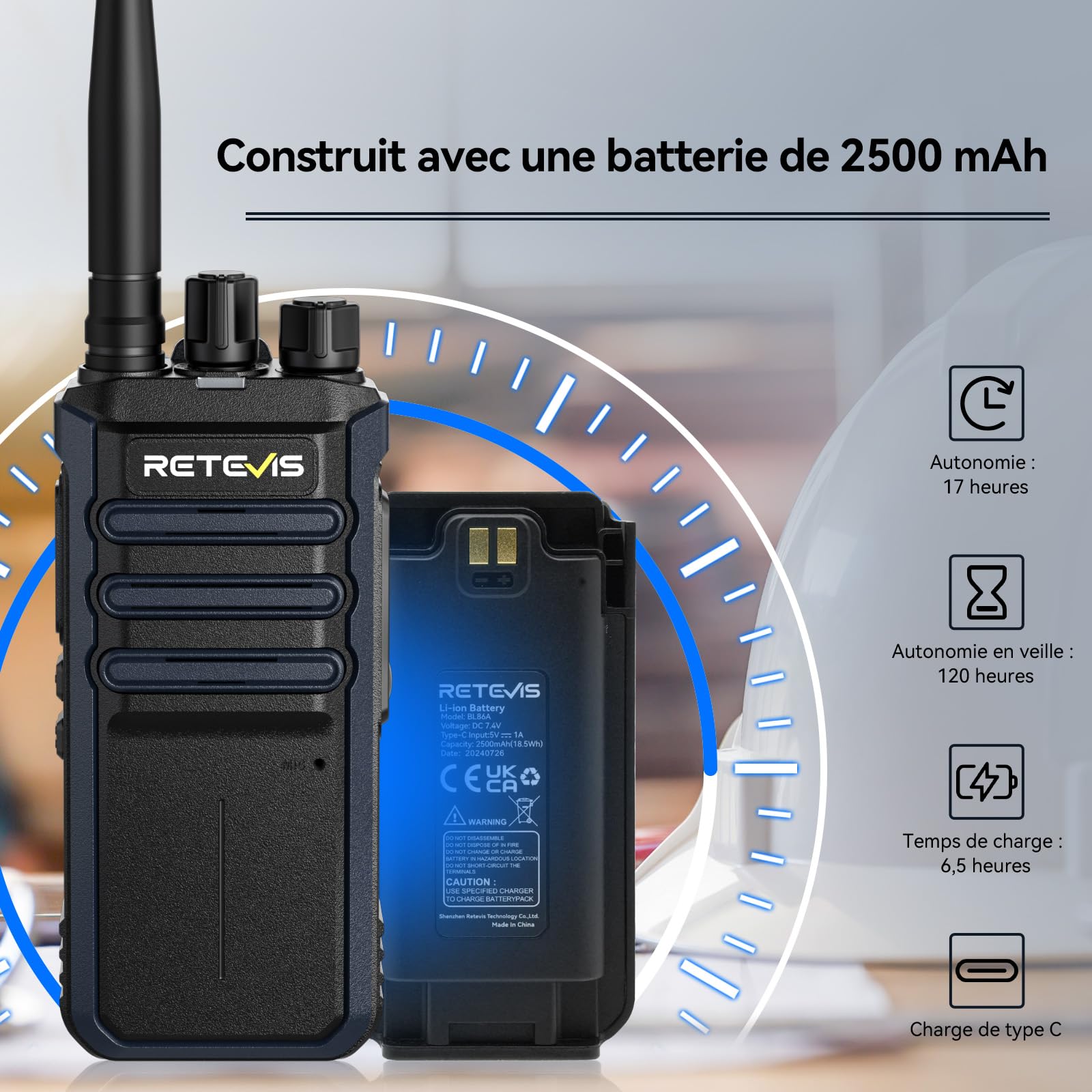 Retevis RT86A Radios Bidirectionnelles Longue Portée, Talkie Walkie Professionnel, 2500mAh, Talkie Walkie Rechargeable pour Chantiers et Transport (4Pcs)