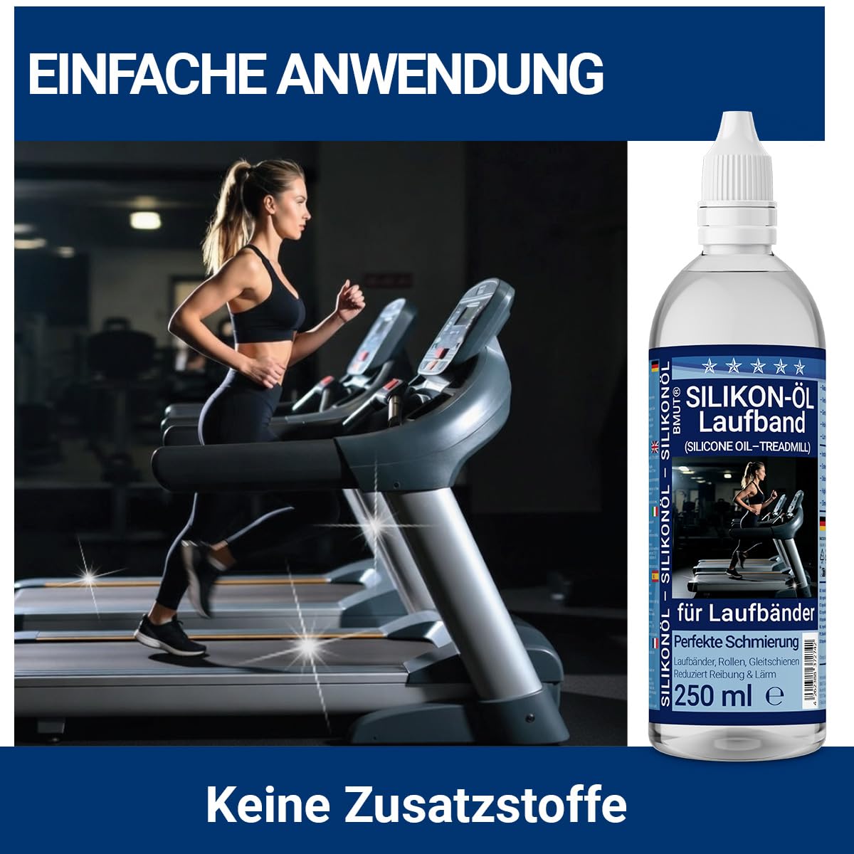 BMUT Olio di silicone puro da 250 ml al 100% per tapis roulant – olio premium con punta dosatrice di precisione & pipetta lunga – universale per tapis roulant, attrezzature per il fitness, spinning