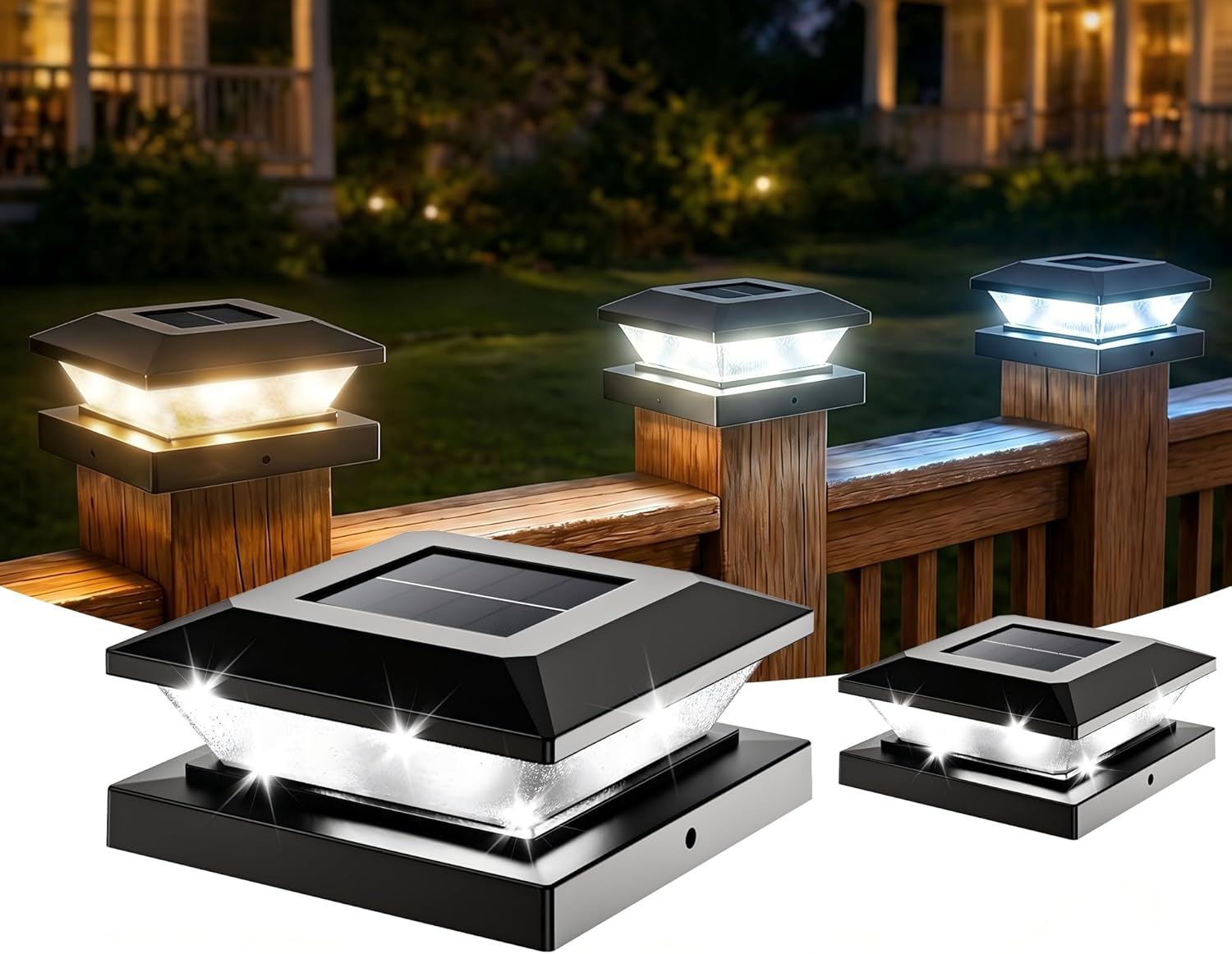 4x4-Solar-Post-Cap-Lights-Outdoor 2 Pack Solar Powered Fence Post Lights 3 Lighting Modes Deck Postcap Light for 3.5x3.5 4x4 Wood/Vinyl Posts LED Waterproof Garden Patio Porch Posts Lighting Black