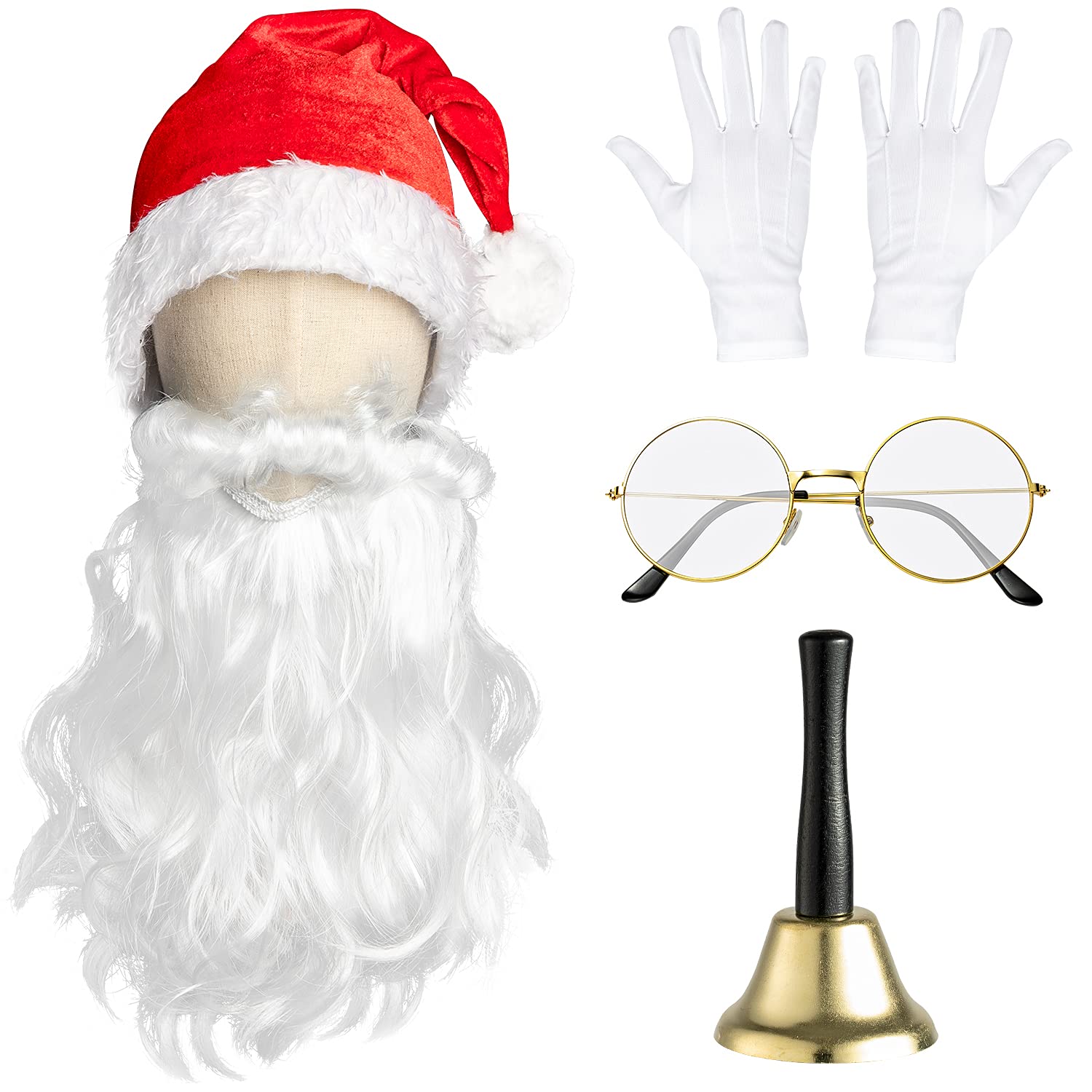 Haooryx 6Pcs Christmas Santa Costume Suit Include Santa Beard Christmas Red Hat Bell White Gloves and Glasses for Christmas Cosplay Party Decorations Dress-up Supplies