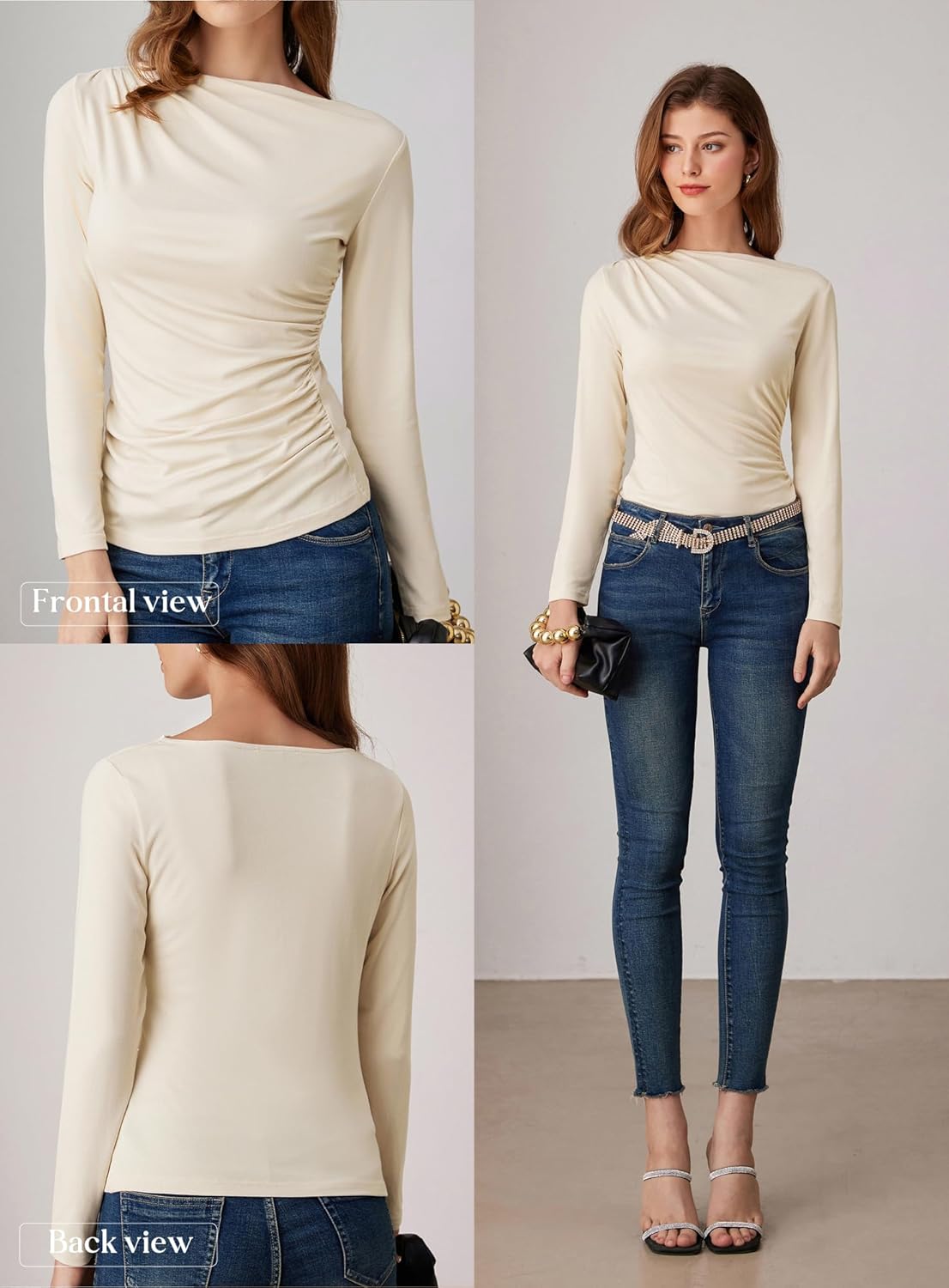 GRACE KARIN 2026 Women's Long Sleeve Wrap Blouse - Boat Neck Ruched Fitted Trendy Top for Fall Dressy Casual - Image 2