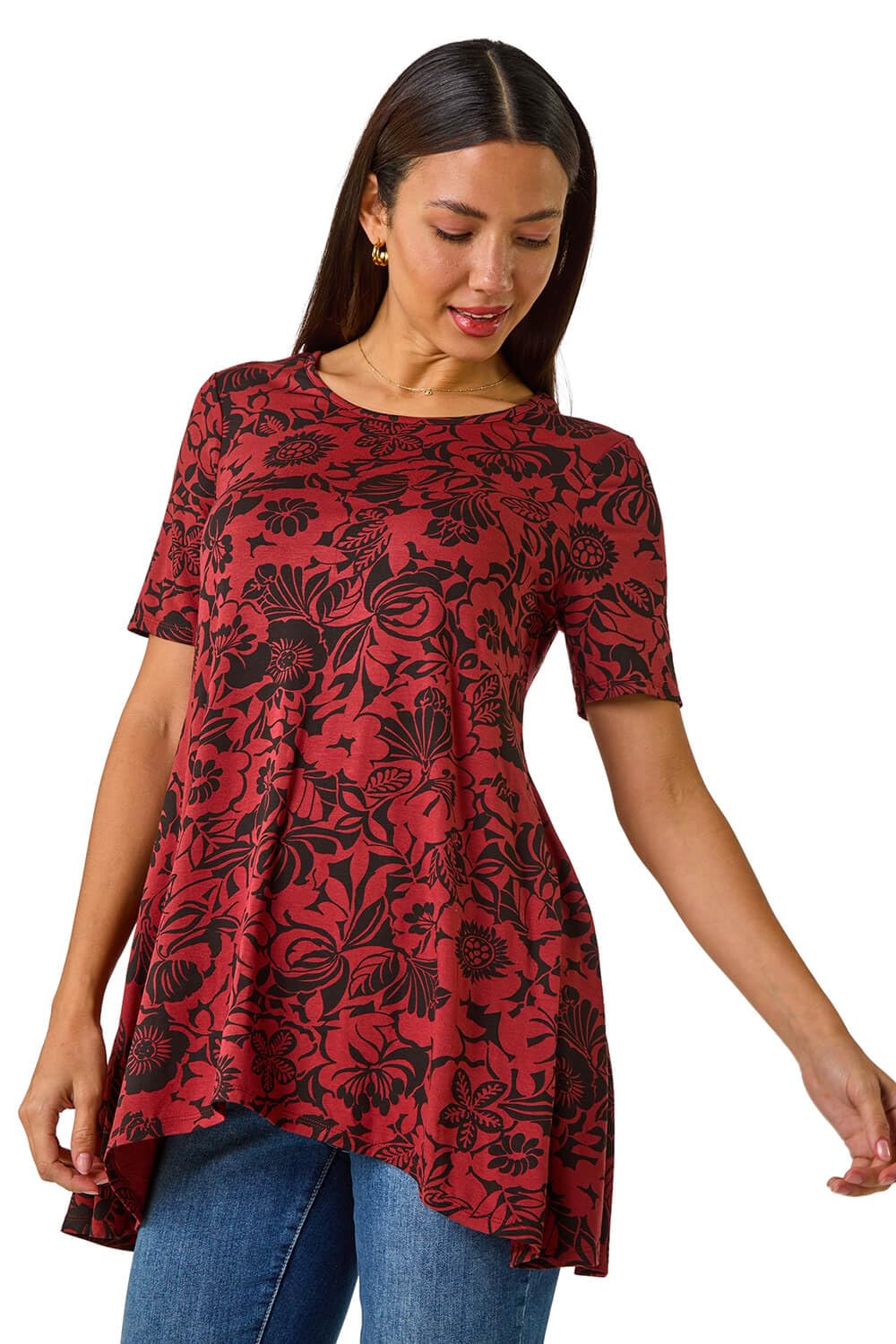 Roman Originals Women's Rust Hanky Hem Tunic Top For Uk - Longline Blouse Asymmetric Hemline Short Sleeves Casual Slouch Loose Summer Spring Relaxed Comfortable - Size 10