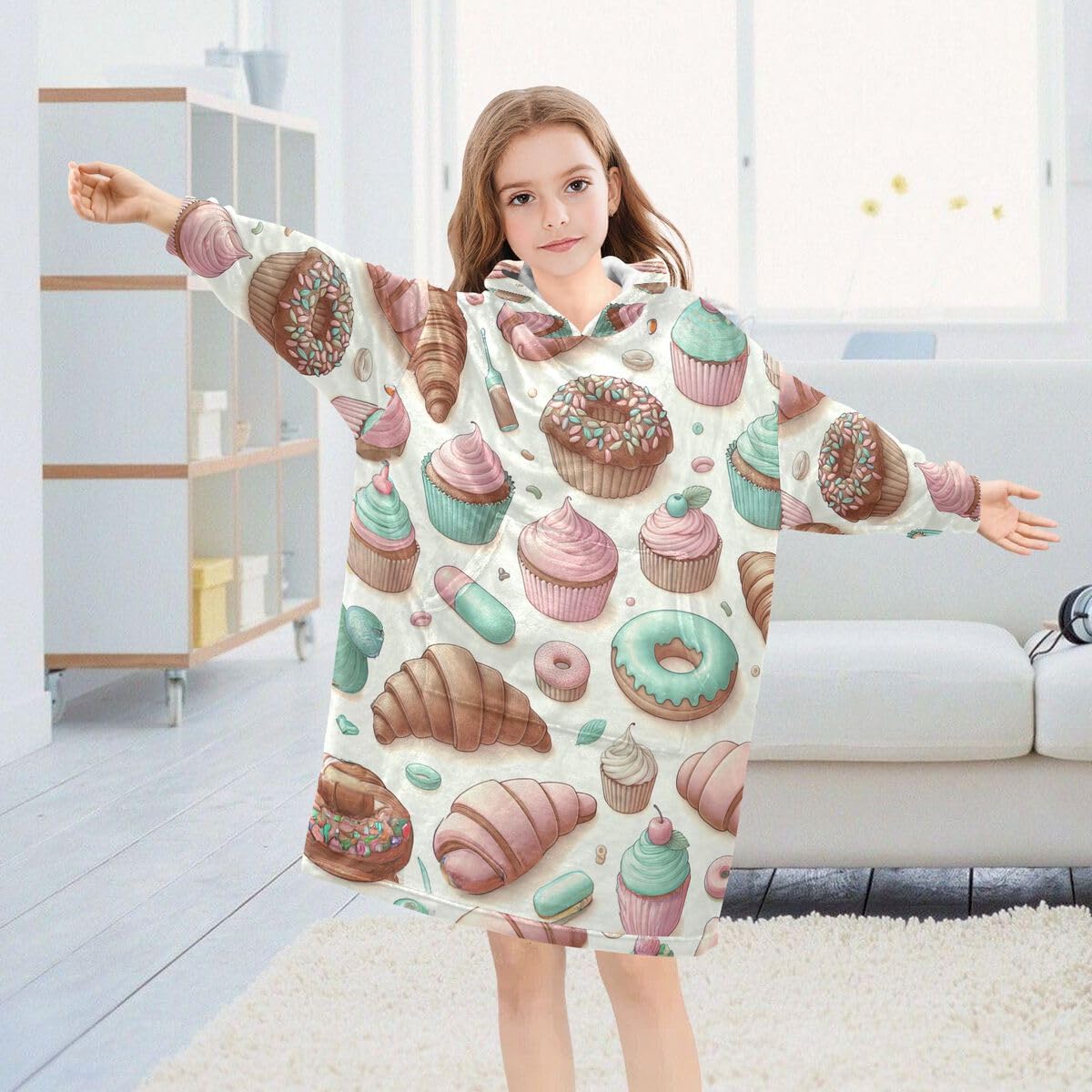 Cupcake Donut dziecięcy koc do noszenia z kapturem, oversize, bluza z kapturem, sweter, różowy, obraz, dla chłopców i dziewcząt w wieku 3-14 lat, multi, 150-170