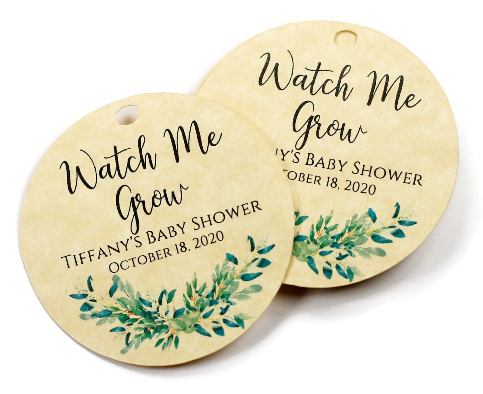Personalized Baby Shower Tags with Greenery - Watch Me Grow (15 pc) (Antique Gold)