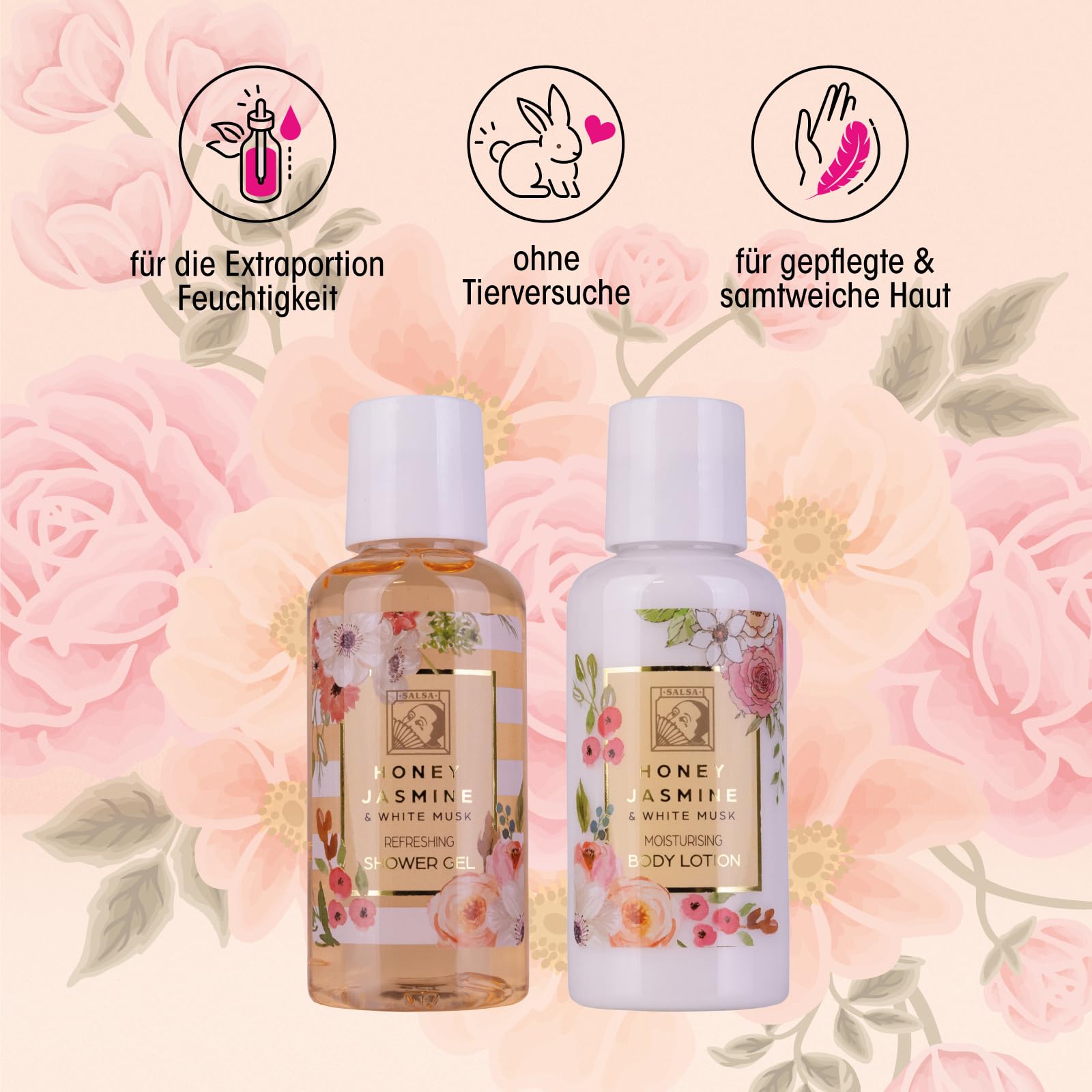 Accentra - Set de ducha para mujer HONEY JASMINE en un bonito estuche - Set de cuidado de 2 piezas con gel de ducha y loción corporal - Regalo de bienestar para San Valentín o el Día de la Madre