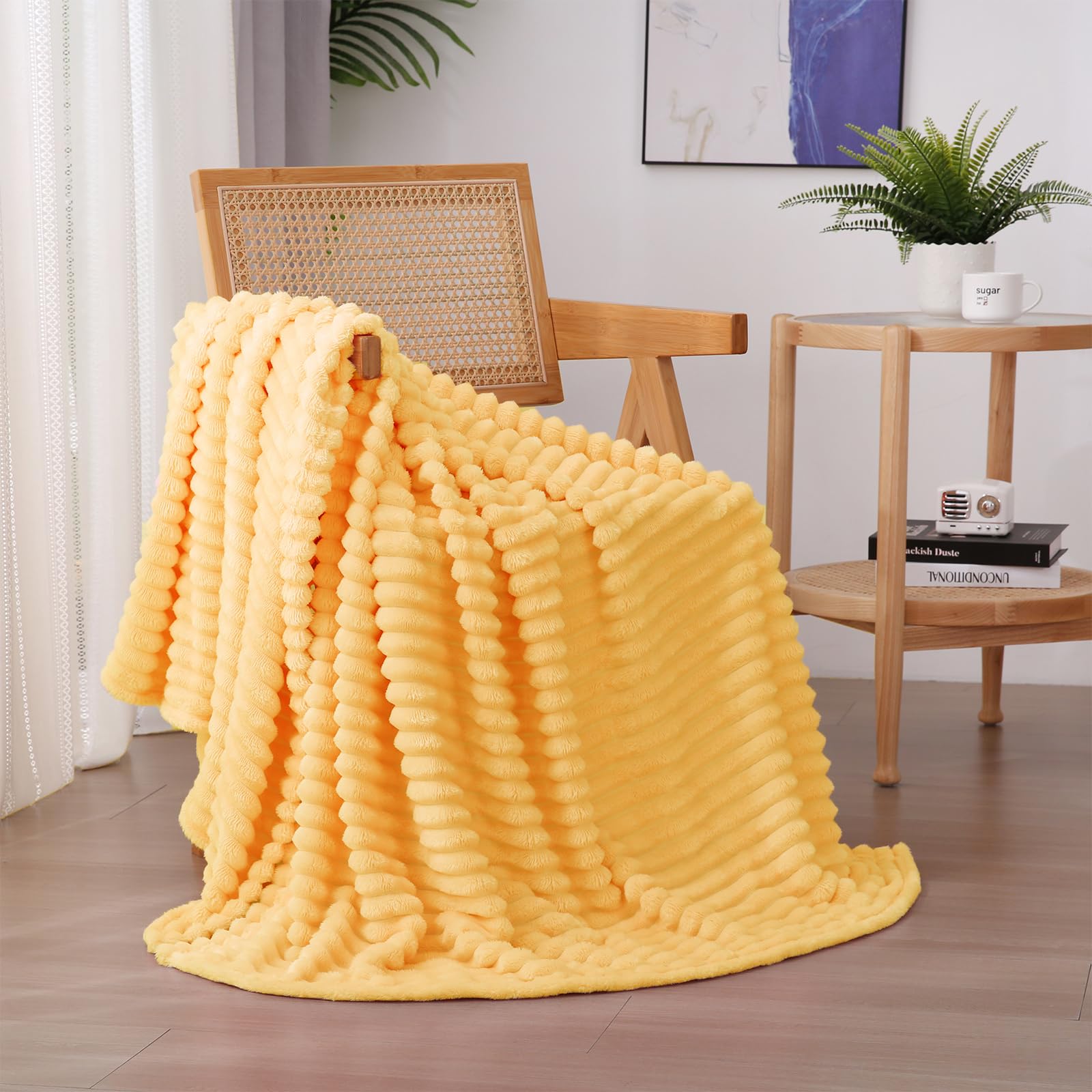 Linecooo Light Yellow Fleece Throw Blanket 50”×60” for Couch Sofa Bed,Super Soft Cozy Plush Microfiber Flannel Blanket with Stripes Design Lightweight for Adults,Woman,Girls — image 1
