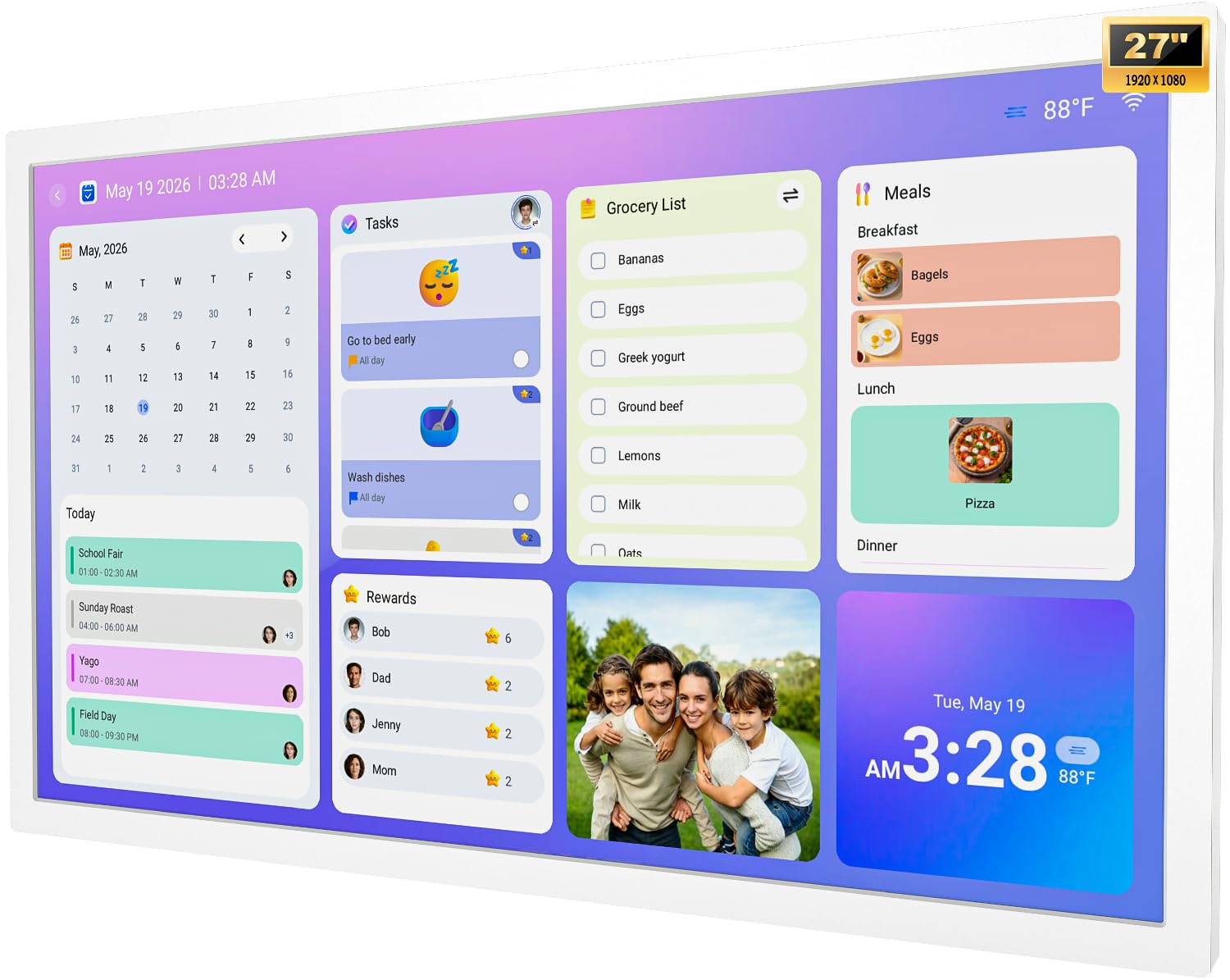 Calendrier numérique pour planificateur de repas familial – Écran tactile interactif de 68,6 cm – Calendrier intelligent pour liste de choses à faire en famille, double WiFi, synchronisation
