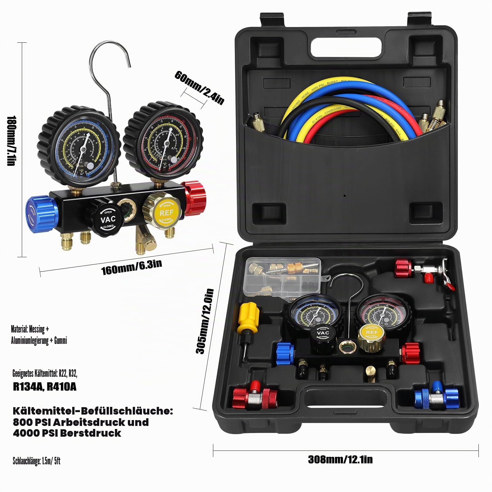 Weytoll Manometer-Set 4-Wege-Doppelventil 1,5 m Schlauch Messing-Schnellkupplungen für Klimaanlagen R22 R134a R410a