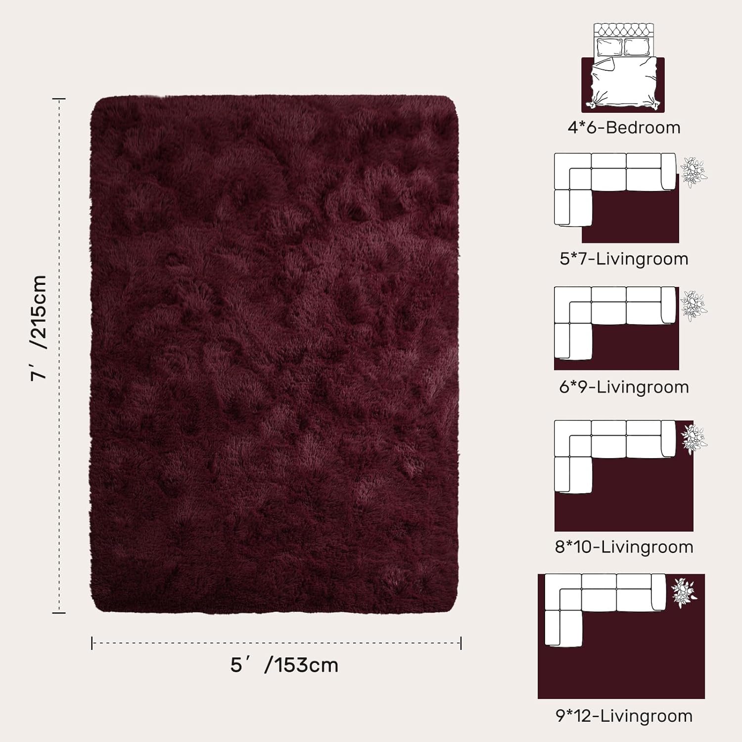 5x7 red area rugs for living room shag fur rug,thick modern non-slip soft plush carpets for girls woman female wedding bedroom home décor aesthetic dark red 5' x 7' (rectangular)