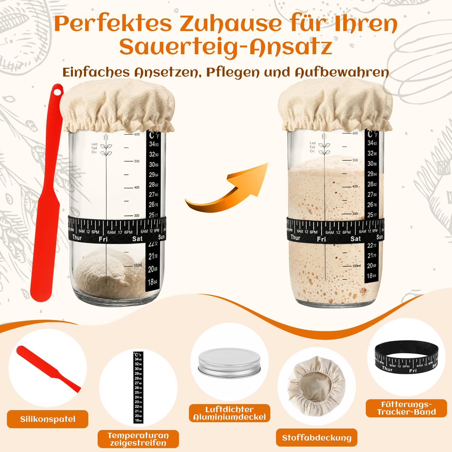 Gärkörbchen Sauerteig Starter Set, 2 Rattan Gärkörbchen (25cm Ovale & 23cm Runde), Sauerteig Glas, Komplett Brot Backen Zubehör Set, Geschenk für Anfänger & Fortgeschrittene Bäcker