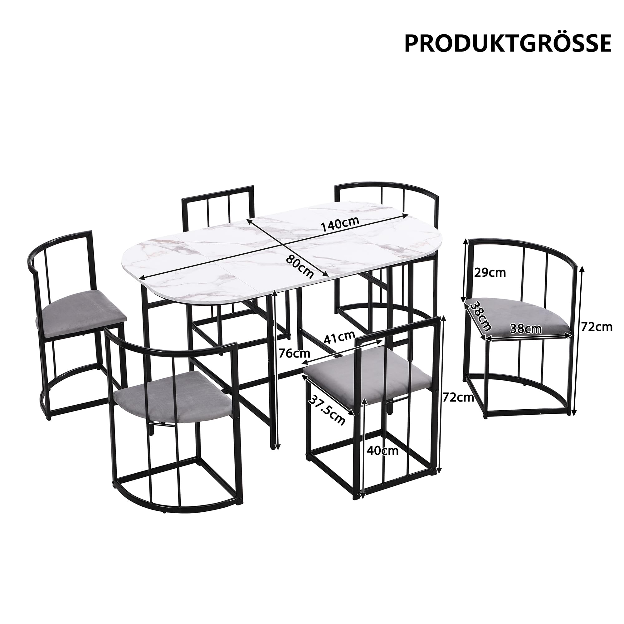 Set da pranzo, tavolo bianco, sedie con 6 schienali e imbottiture grigie, struttura in ferro, tavolo da pranzo e sedia, moderna combinazione di tavolo da pranzo (nero)