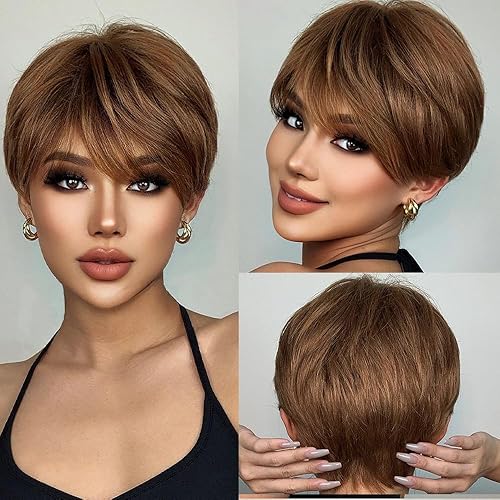 Rebecca Fashion Pelucas de corte Pixie marrón degradado para mujeres negras, pelucas de cabello humano corto y lacio, pelucas sin pegamento, cabello