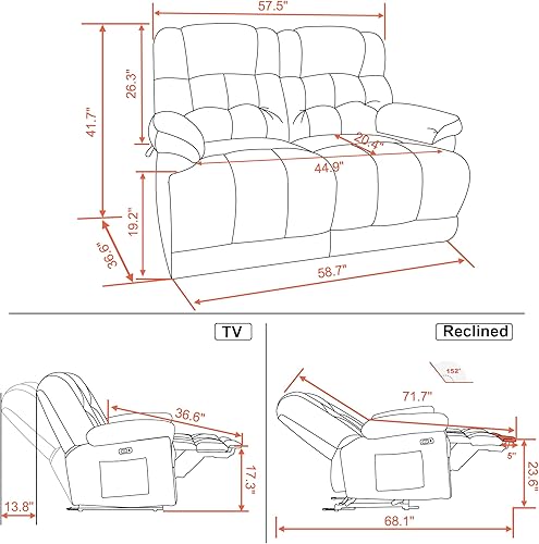 Miniatura 3 de MCombo Sofá reclinable eléctrico de gravedad cero de 58.7 pulgadas con masaje de calor y vibración, sofá biplaza reclinable con puertos USB para