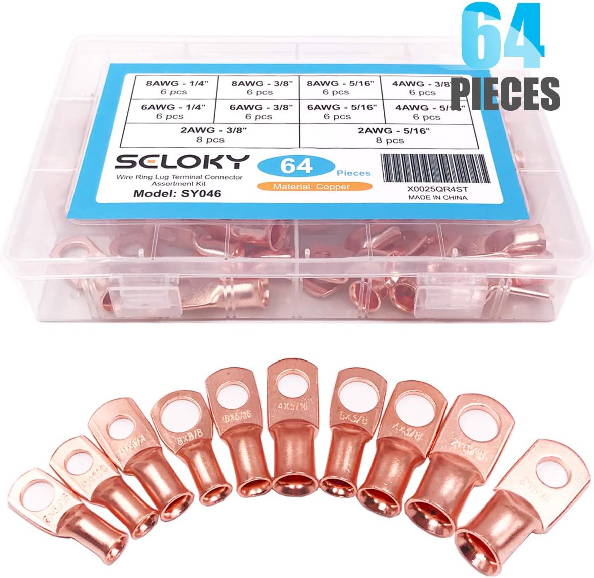 Seloky Copper Wire Lugs,64pcs Battery Cable Terminal Closed Ends Eyelets Tubular Ring Connectors Assortment Kit-10 Sizes
