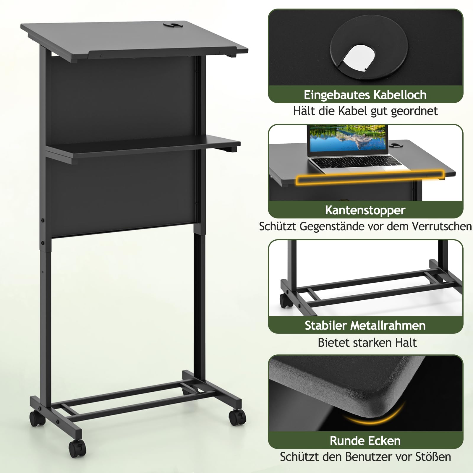 GYMAX Stehpult, Rednerpult mit 4 Rollen, höhenverstellbar Schreibtisch mit stabilem Metallrahmen, Ablagefläche & Kabelloch, Laptoptisch, mobiler Stehtisch für Büro & Zuhause, 60 x 40 cm, Schwarz