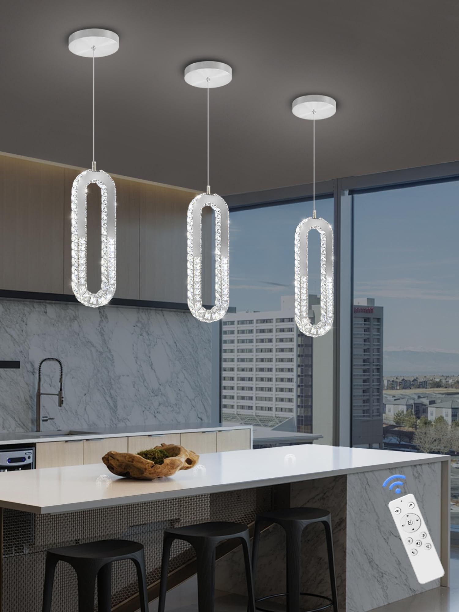 ykolupty 1-Ring Chandelier Silver Modern Pendant Lighting LED Dimmable Hanging Crystal Chandelier for Kitchen Island Foyer Lobby Living Room Staircaes