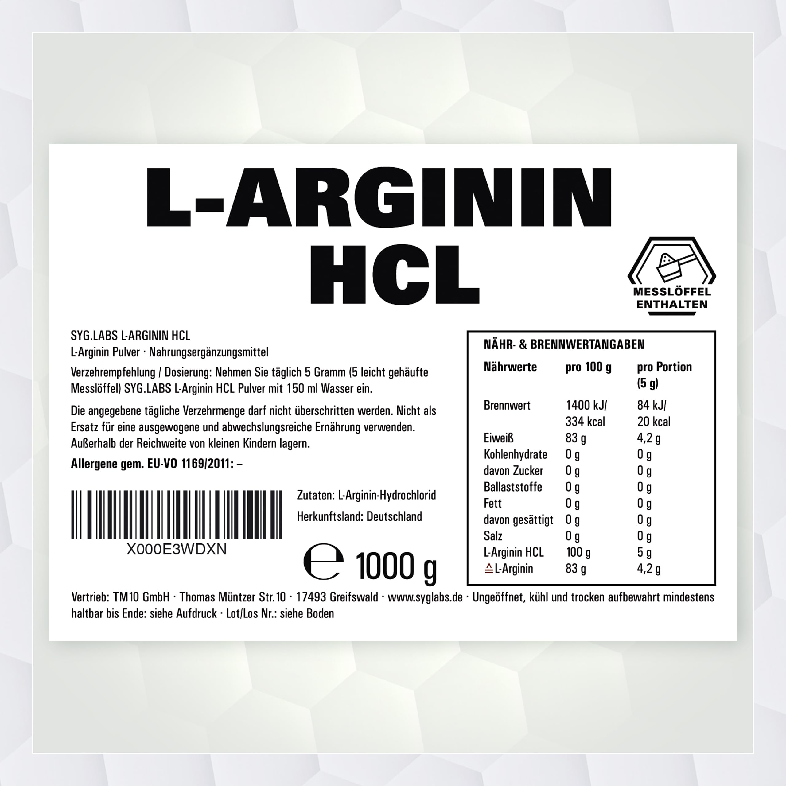 L-Arginin HCL - 1000g Pulver Premium L-Arginin Hydrochlorid - durch Fermentation - ohne Zusätze - vegan - Arginin