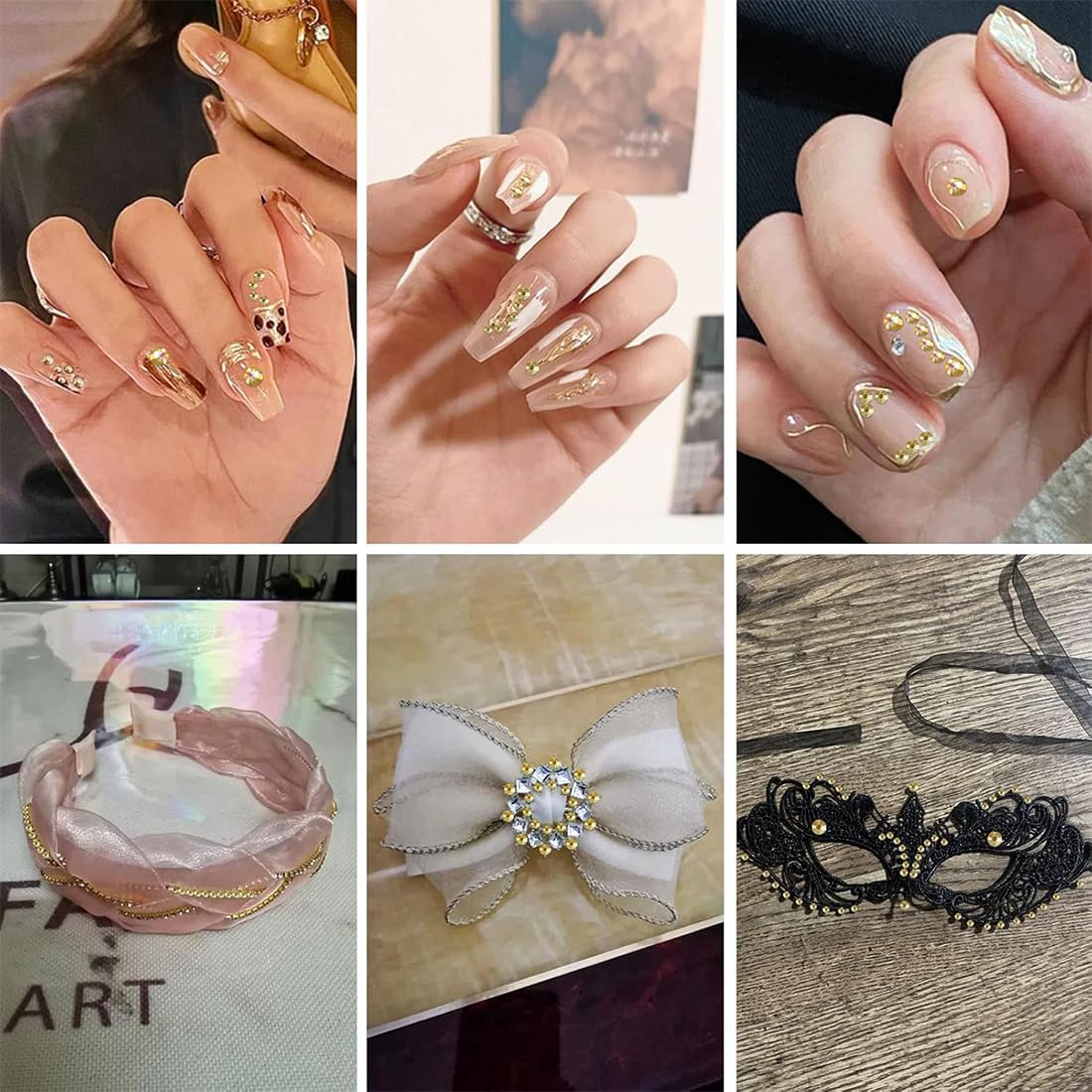 Strass Nail Art, 1440 x Gems à Dos Plat Rond Cristal Strass, 6 Tailles Strass Nail Art, avec Pincette Pick Up et Stylo Pointeur Strass pour Nail Art et la Décoration de Bijoux, Champagne doré