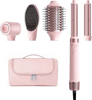 Dual Voltage Hot Air Styler Wrap - 5 in 1 Hair Dryer Brush with Fast Drying Blow Dryer, Styling, Straightening & Volumizing with Travel Bag (100V–240V) -Pink