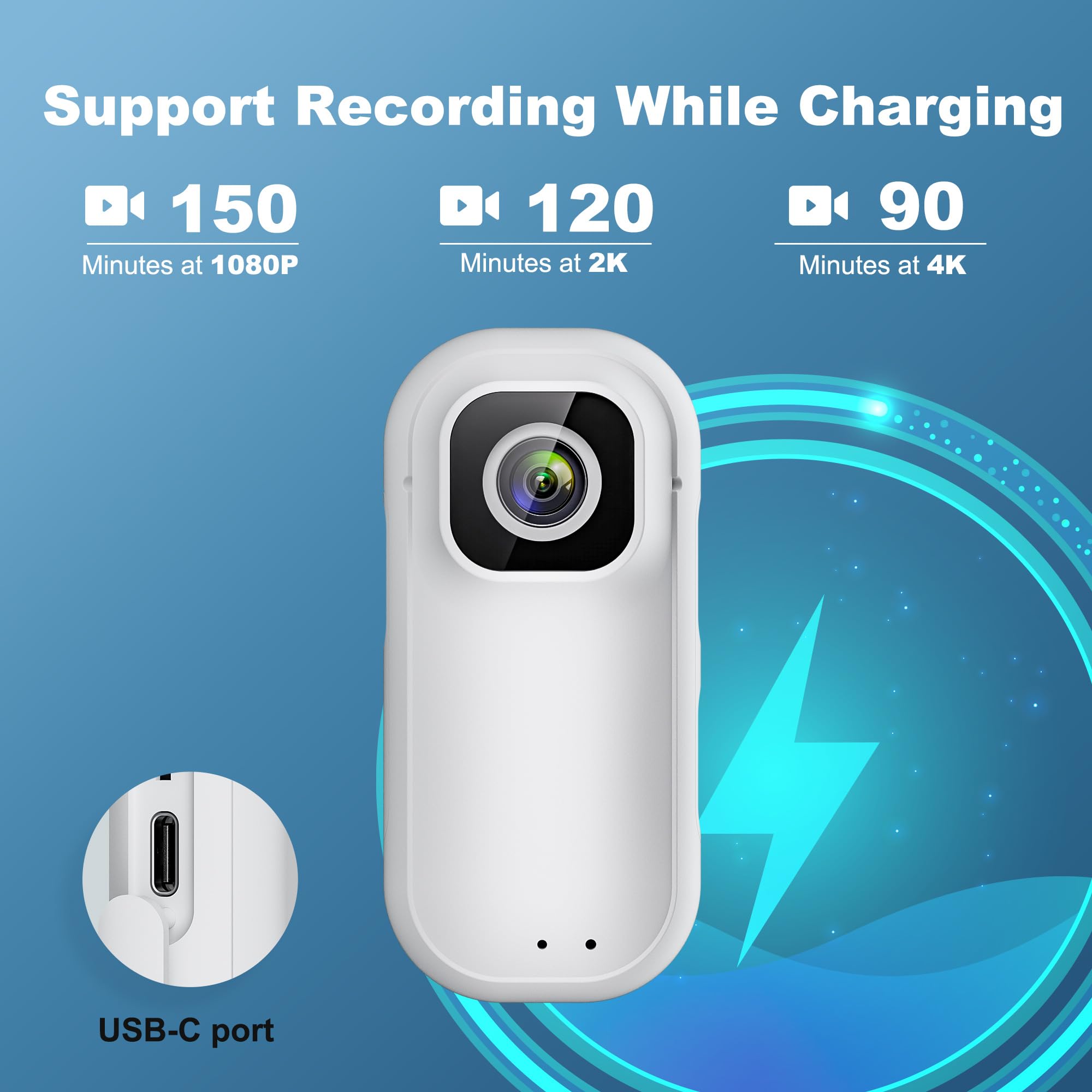 4K 128GB Wi-Fi Mini Action Camera, Body cam portatile con borsa di ricarica