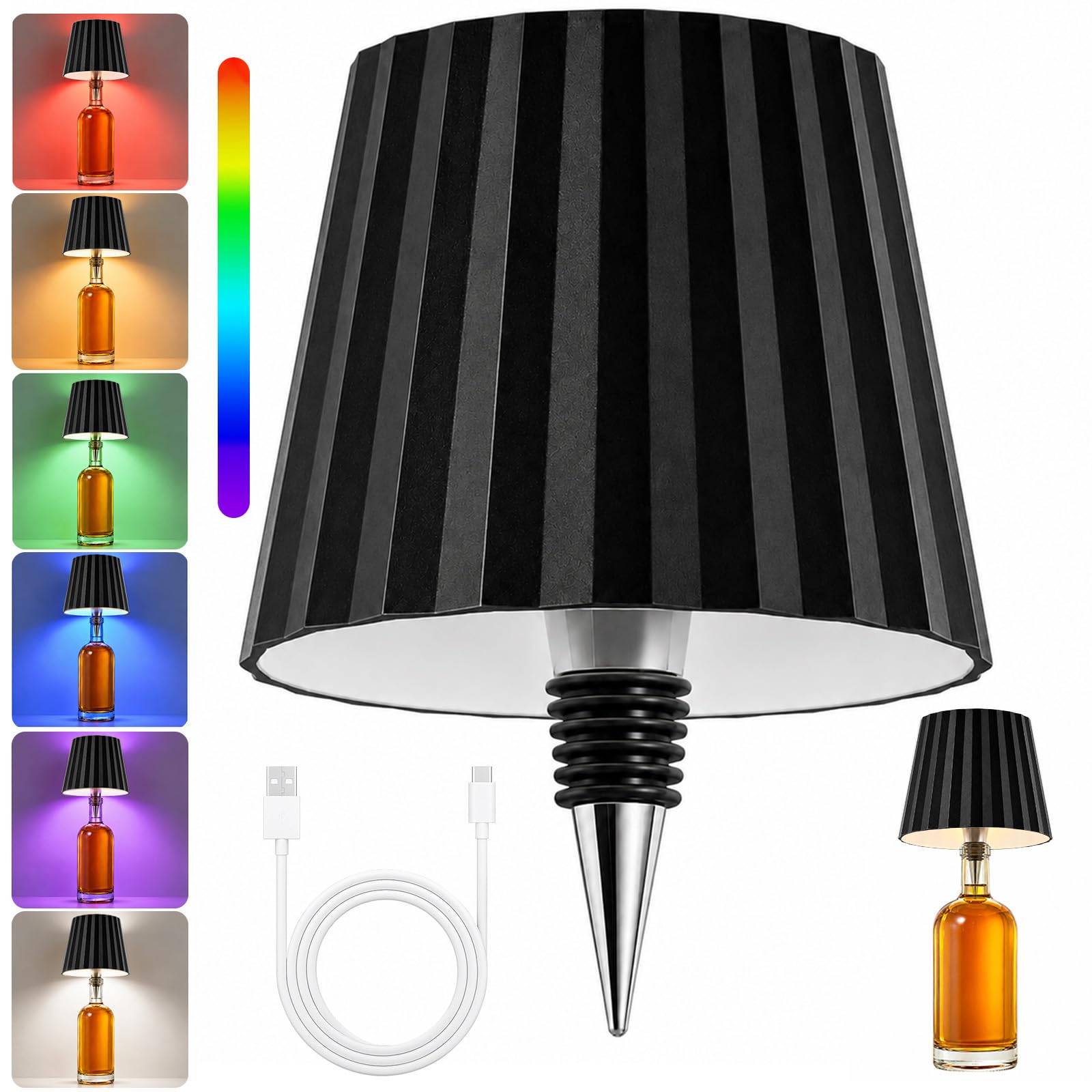 Wireless Bottle Lamp, RGB Stepless Dimming Bottle Lights USB-C Rechargeable