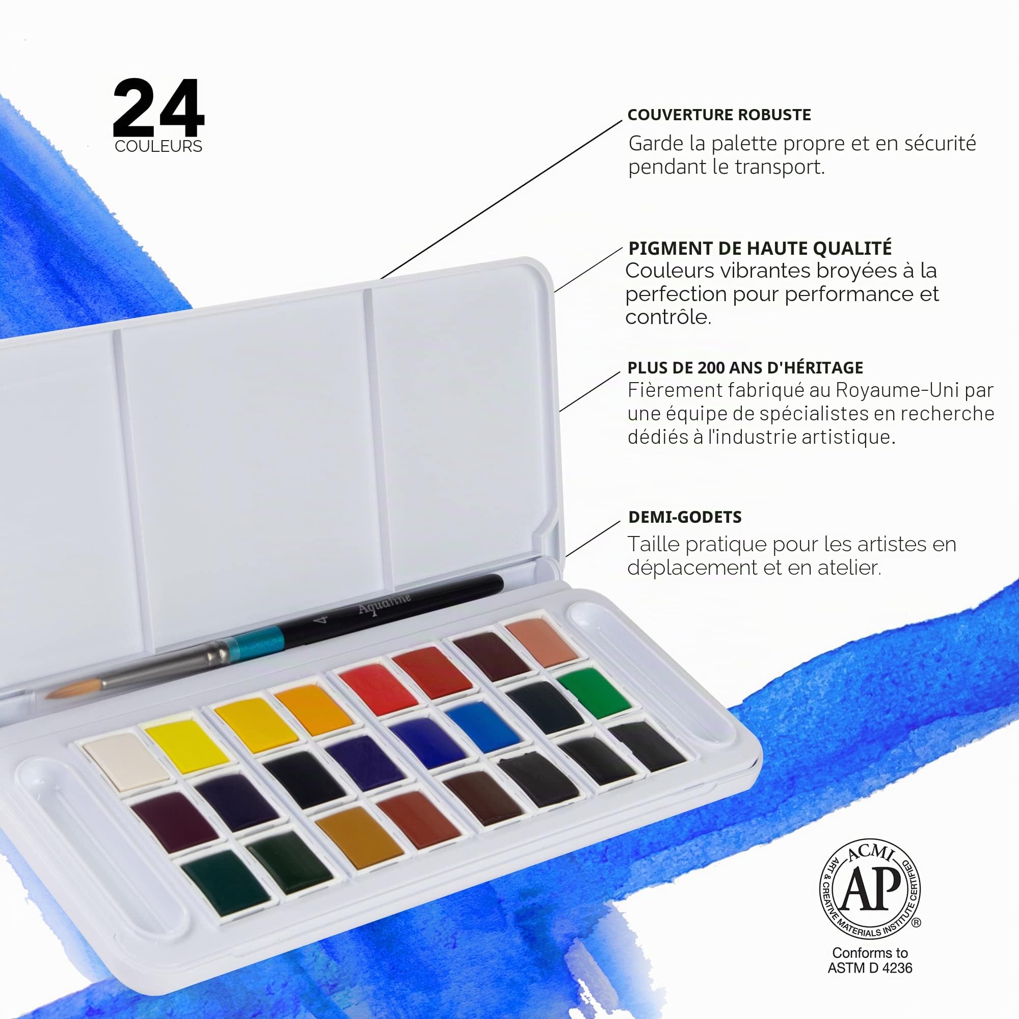 Daler Rowney Aquafine Set de Voyage Peinture Aquarelle 24 Demi-Godets 1 Pinceau