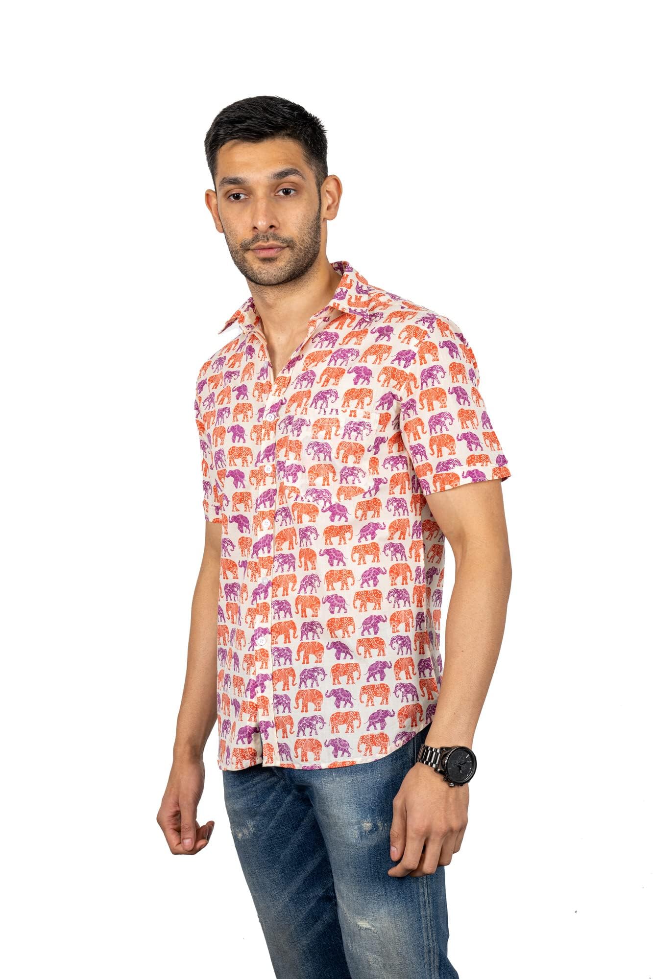 STYLE MATTERSMen’s Printed Casual Stylist Cotton Blend Shirt |Regular Fit Half-Sleeve Shirt for Men (Color – Red & Purple, Elephant Print)
