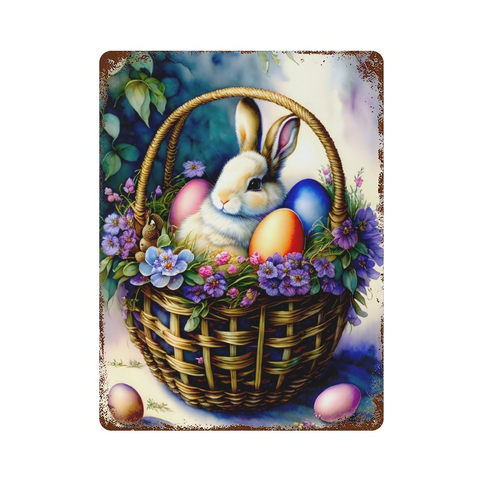 Easter Basket with Bunny Decorative Tin Sign 15.7"x11.8", Vintage Wall Decor for Basement, Hobby Room And Garage Decor