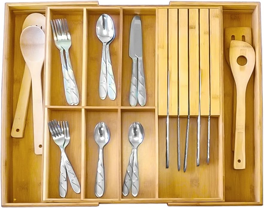 Expandable Bamboo Kitchen Drawer Organizer with Knife Block. Compact Cutlery Tray for Flatware, Utensils, Silverware and Accessory storage
