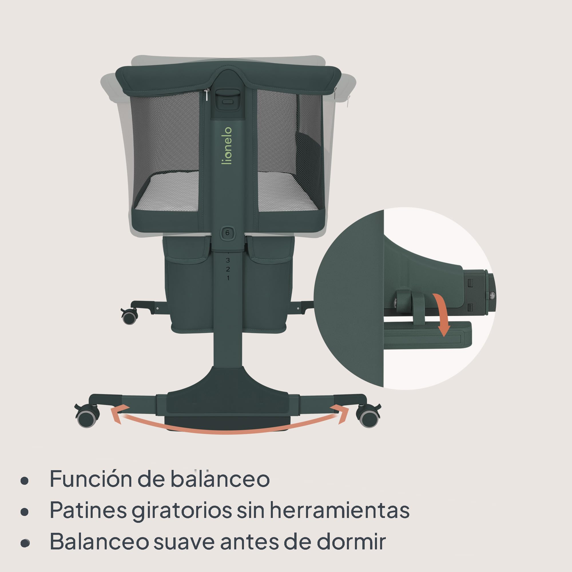 lionelo Jodie Cuna 3 en 1 hasta 9 kg, Cuna de colecho, Cama Mecedora, Ajuste de Altura e inclinación del colchón, 4 Ruedas con Freno, Colchón Ergonómico, Malla Transpirable, Bolsa, Mosquitera