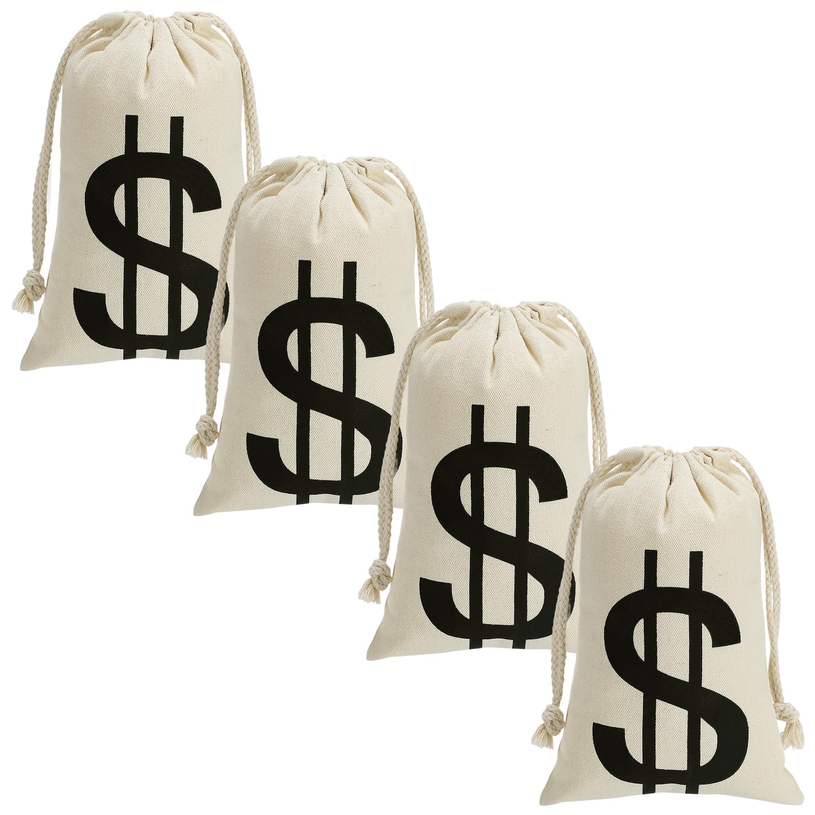 4Pcs 6.3 x 9 Inches Canvas Money Bags - Halloween Prop Money Bag with Dollar Sign, Money Sacks for Bank Robber Costume Pirate Cosplay Theme Party