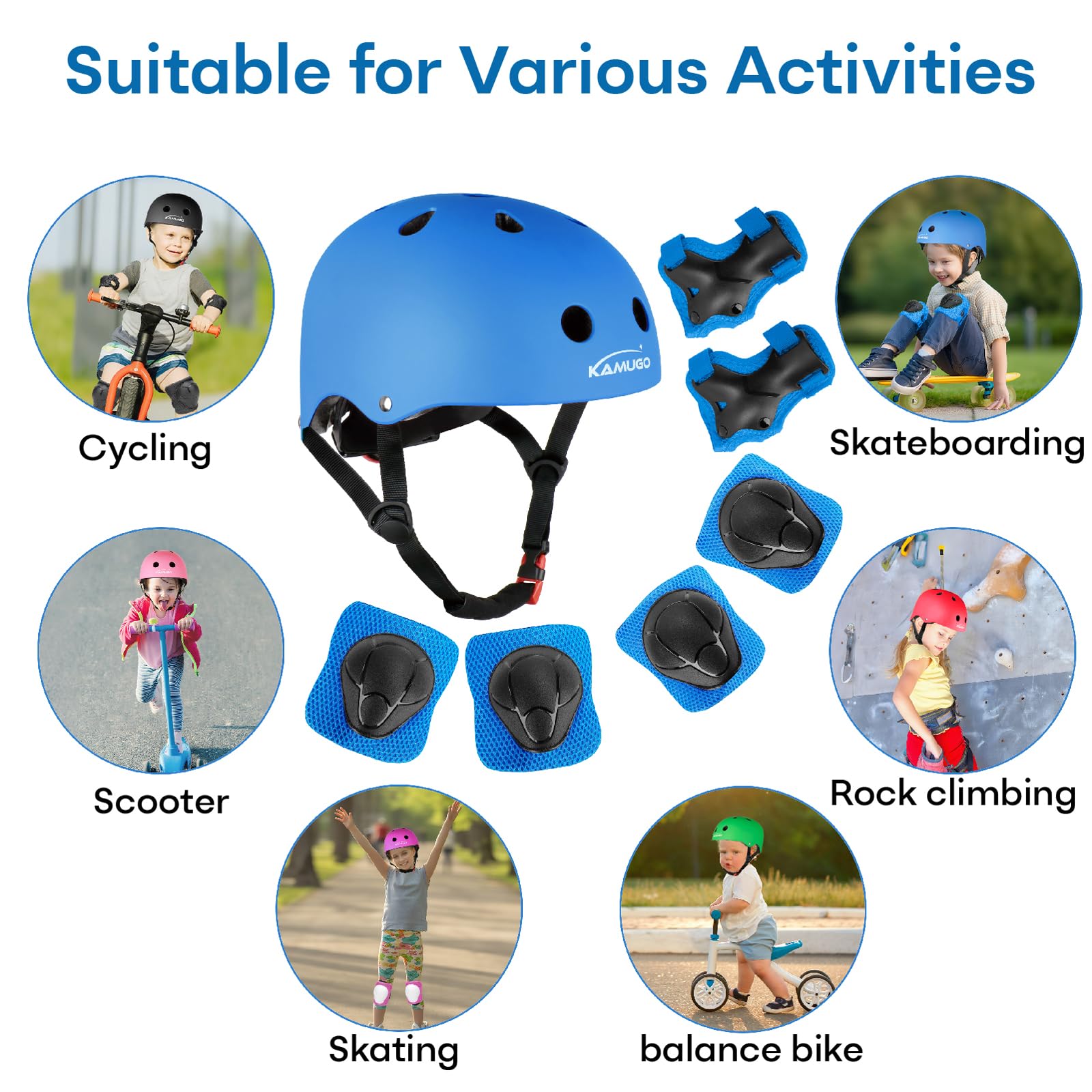 KAMUGO Kinderfietshelm, peuterhelm voor kinderen van 2-8 jaar jongens meisjes met sportbeschermende uitrusting set knie-elleboog polsbeschermers voor skateboard, fietsen, scooter en rollerblading