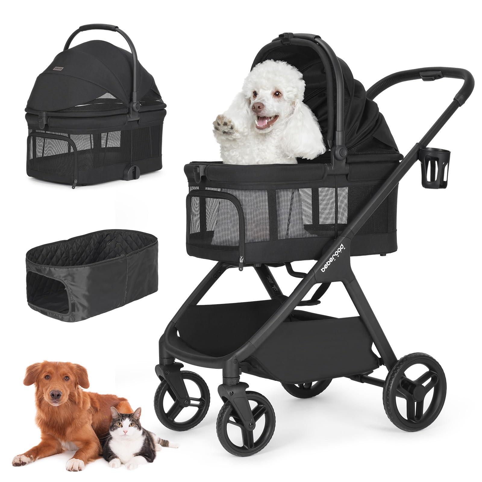 Beberoad Pets X-5 Luxury Pet Stroller for Medium Dog Up to 55 lbs or 2 Small Dogs Cats, 3-in-1 Detachable Carrier & Car Seat, One-Touch Folding,